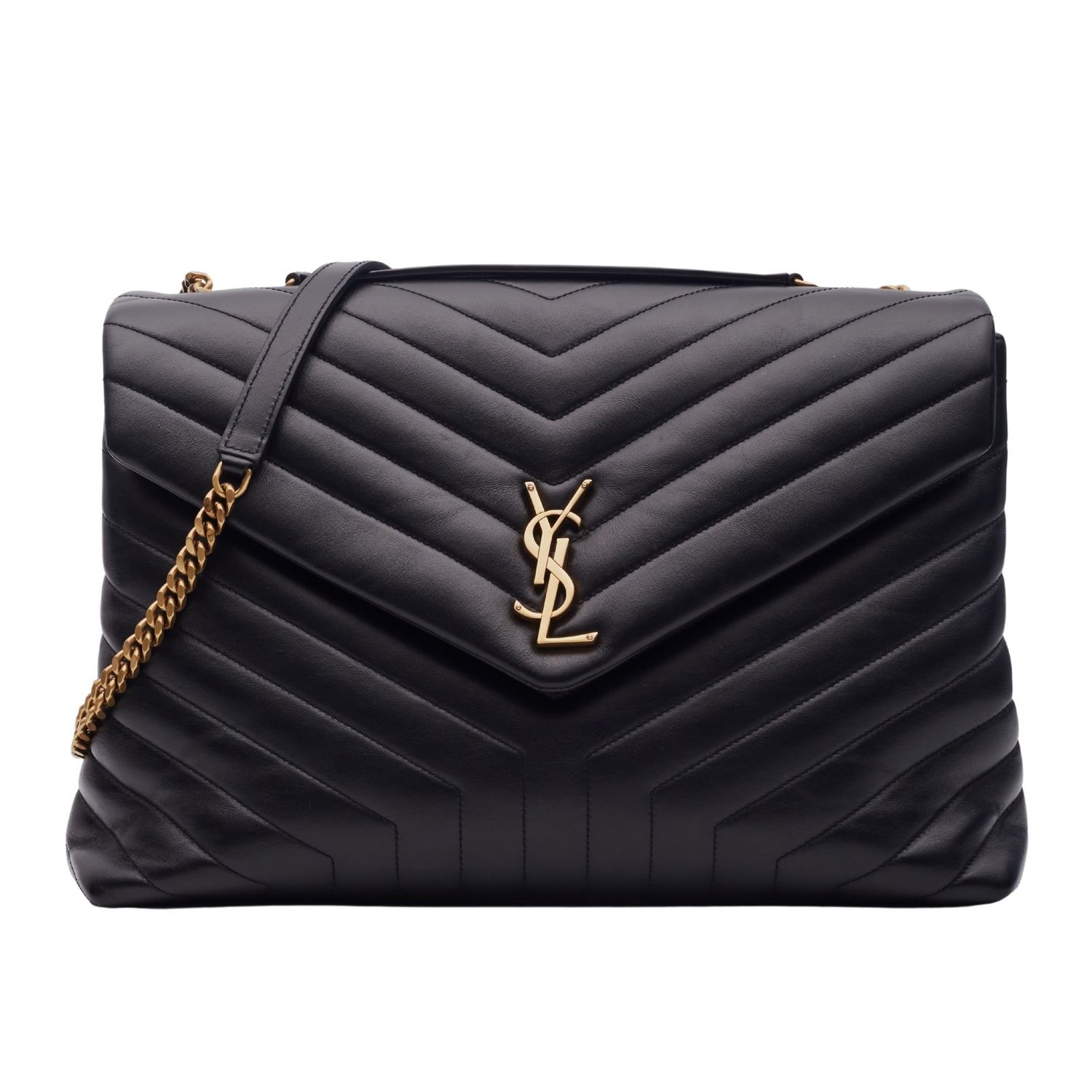 SAINT LAURENT BLACK LEATHER CHAIN LOULOU SHOULDER BAG MEDIUM