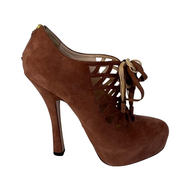 PRADA SUEDE BEIGE PERFORATED CAGED BOOTIE (EU 38.5)