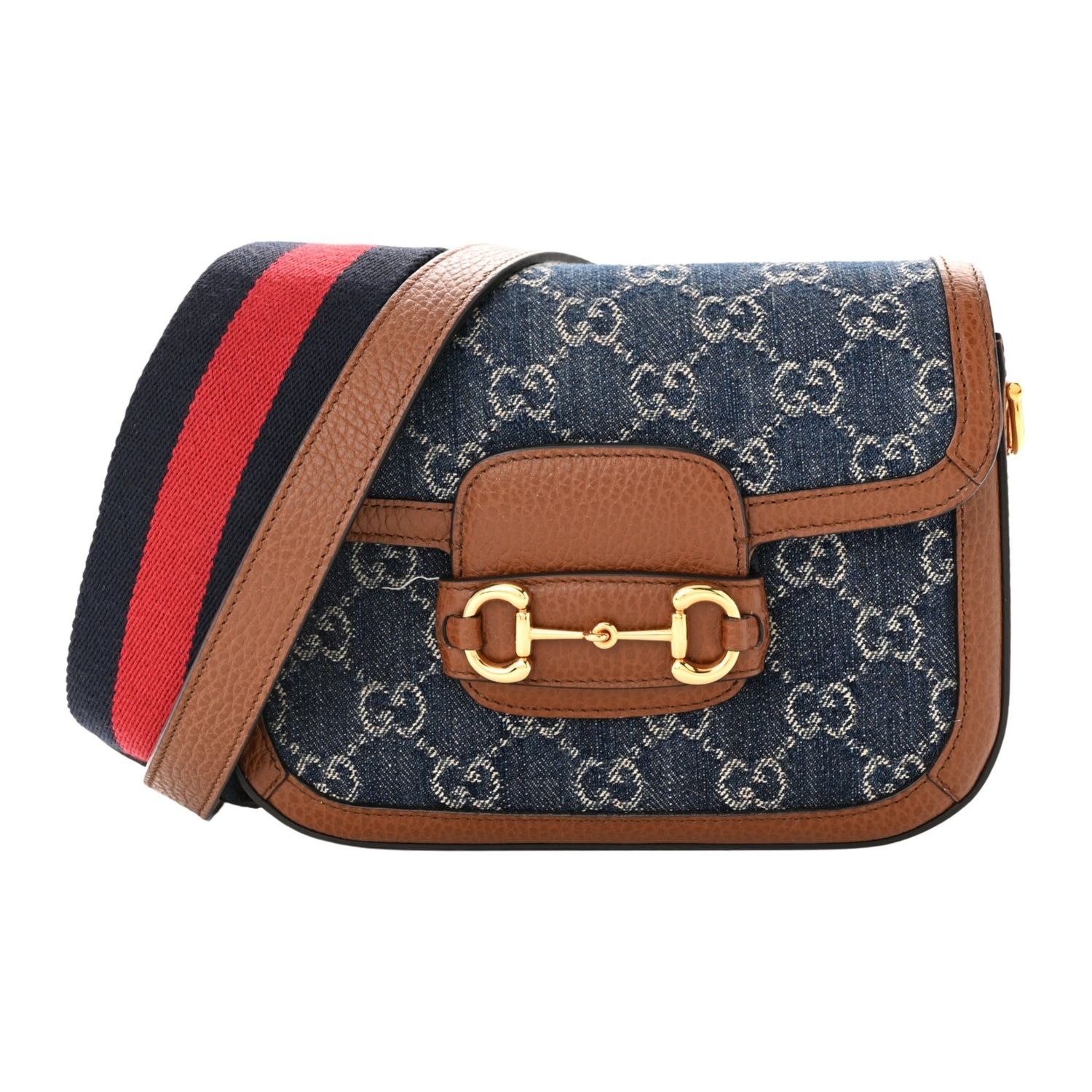 GUCCI DENIM GG MONOGRAM WEB HORSEBIT SHOULDER BAG NAVY MINI