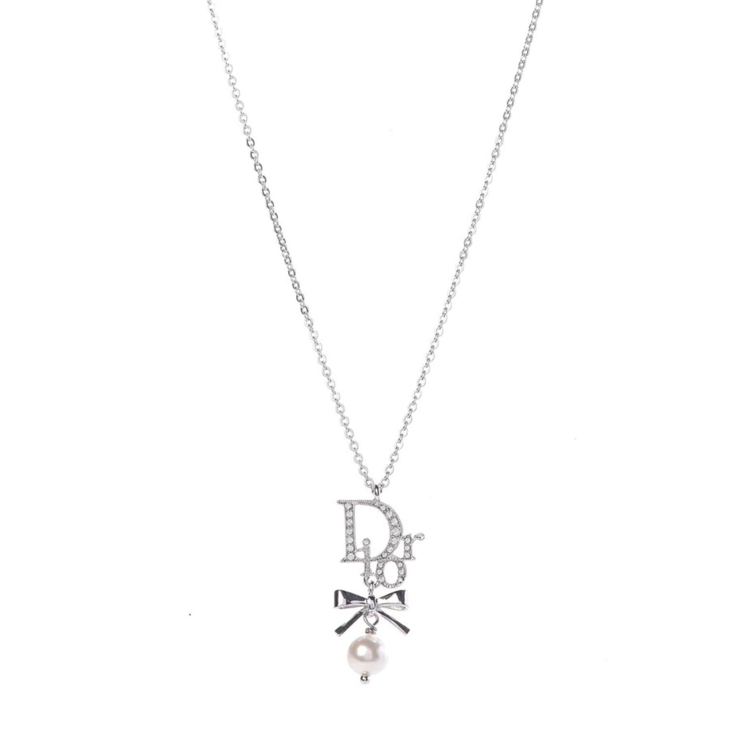 DIOR SILVER RIBBON PEARL PENDANT DROP NECKLACE