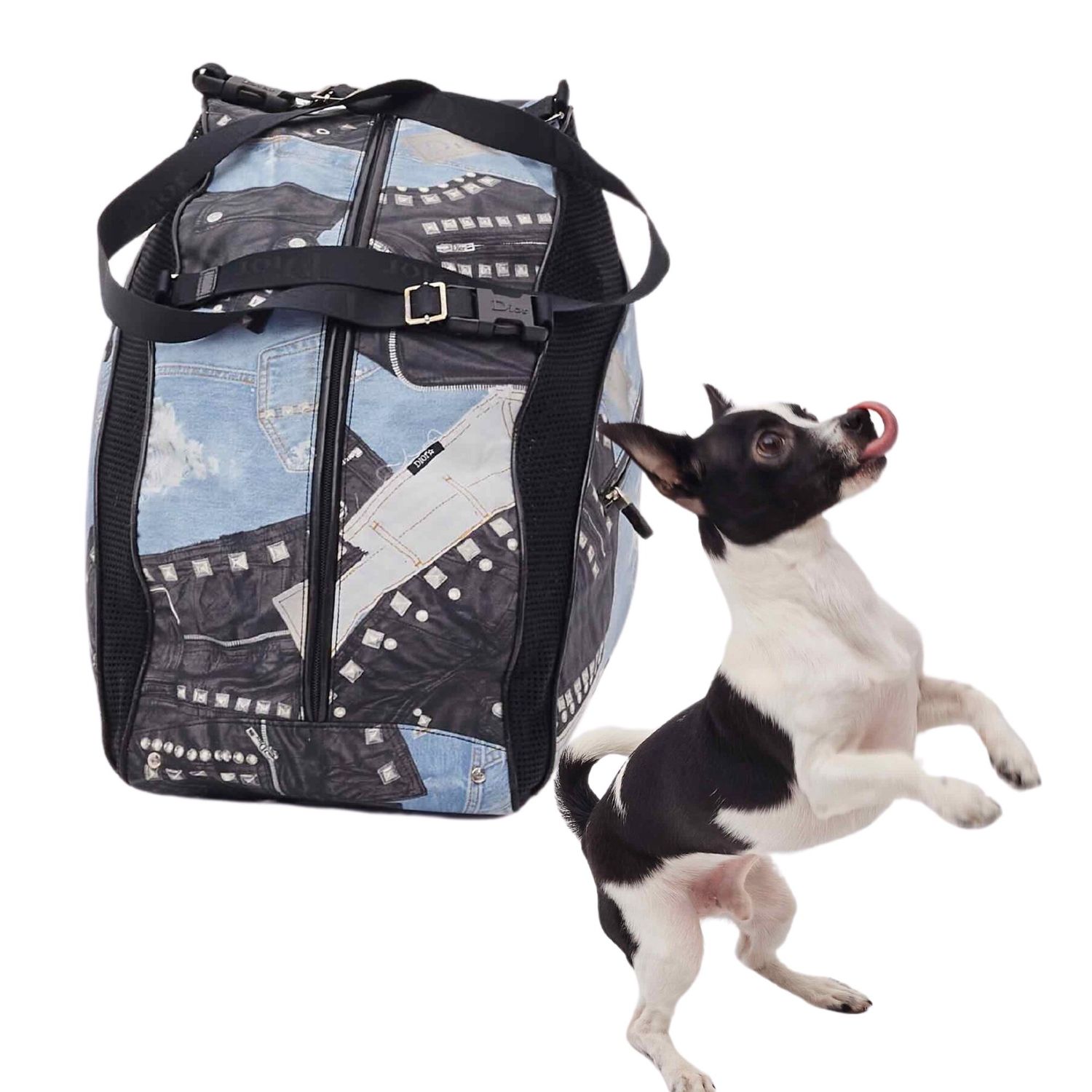 DIOR BLACK AND BLUE DENIM PATCHES DOG CARRIER 2004 GALLIANO