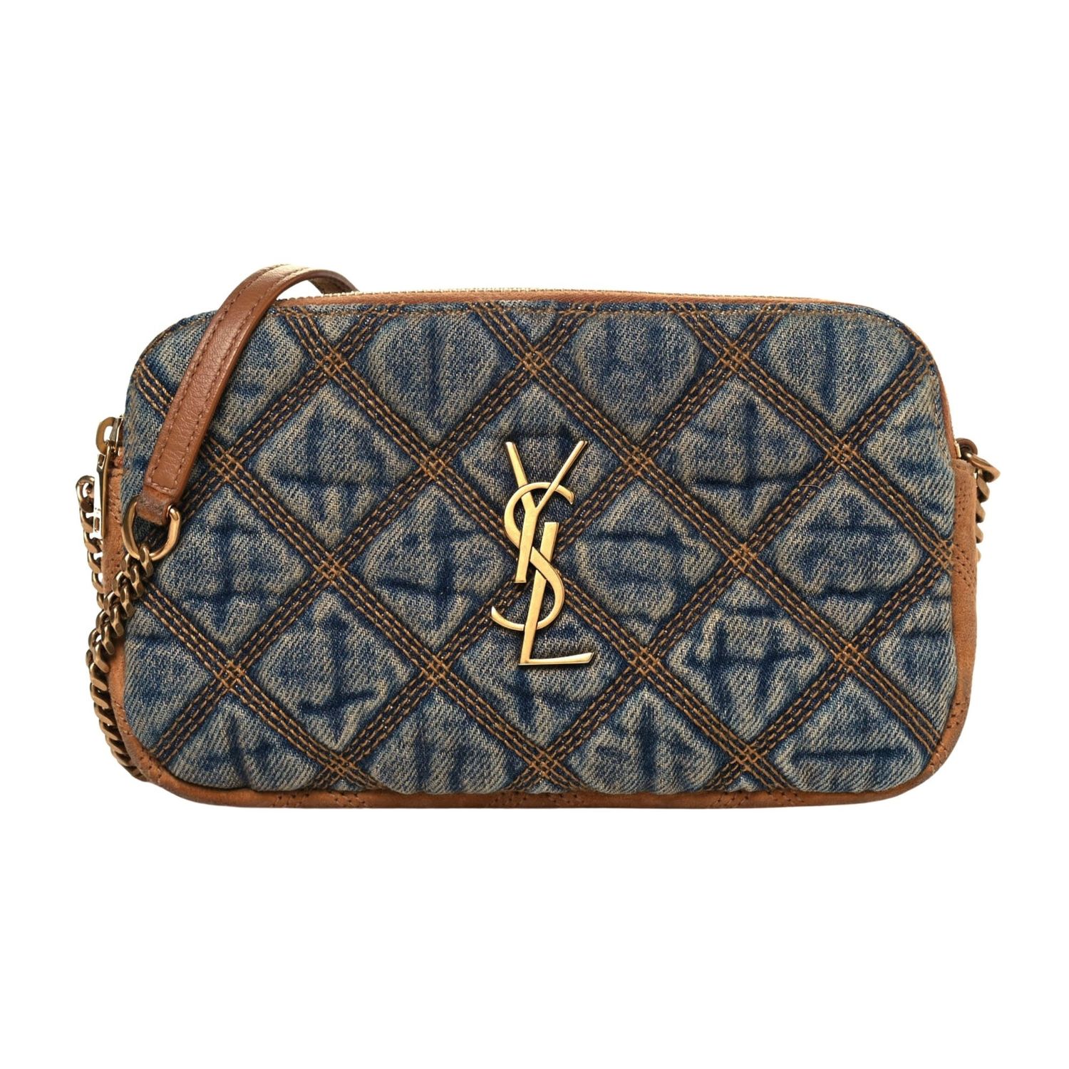 SAINT LAURENT SUEDE CINNAMON BLUE DENIM BECKY BAG DOUBLE ZIP MINI