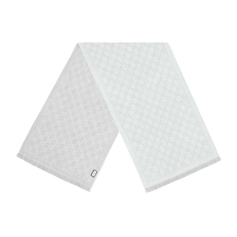 GUCCI GG JACQUARD WOOL KINTT FRINGE SCARF SILVER