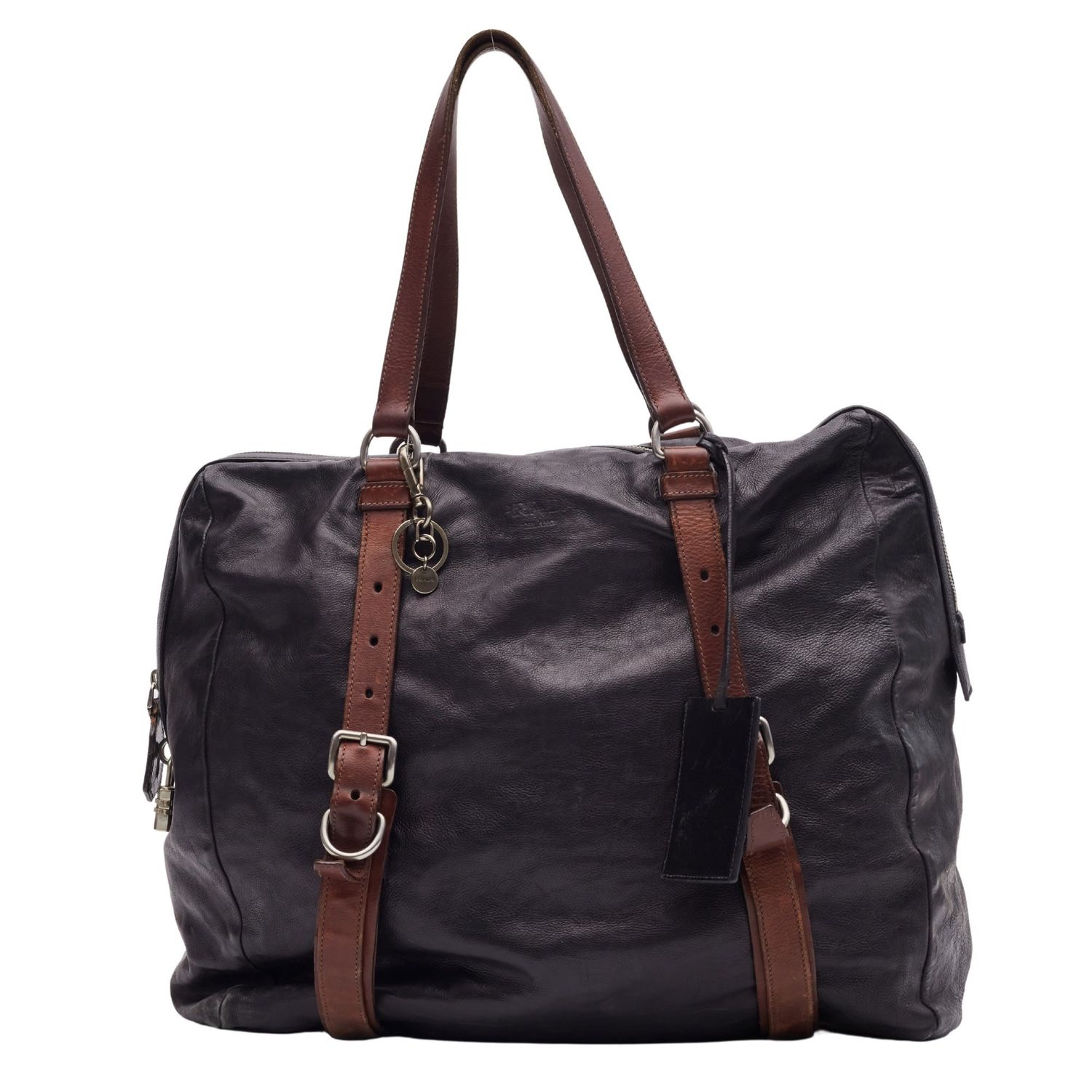 PRADA BLACK LEATHER GLACÉ BUCKLE WEEKEND BAG