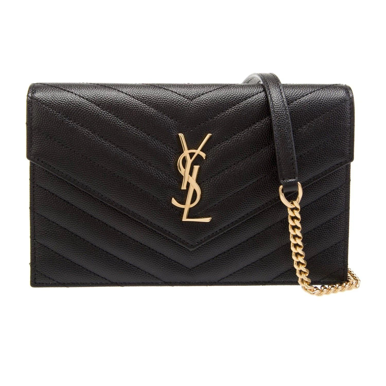 SAINT LAURENT GRAIN DE POUDRE BLACK WALLET CHAIN CASSANDRE BAG GOLD
