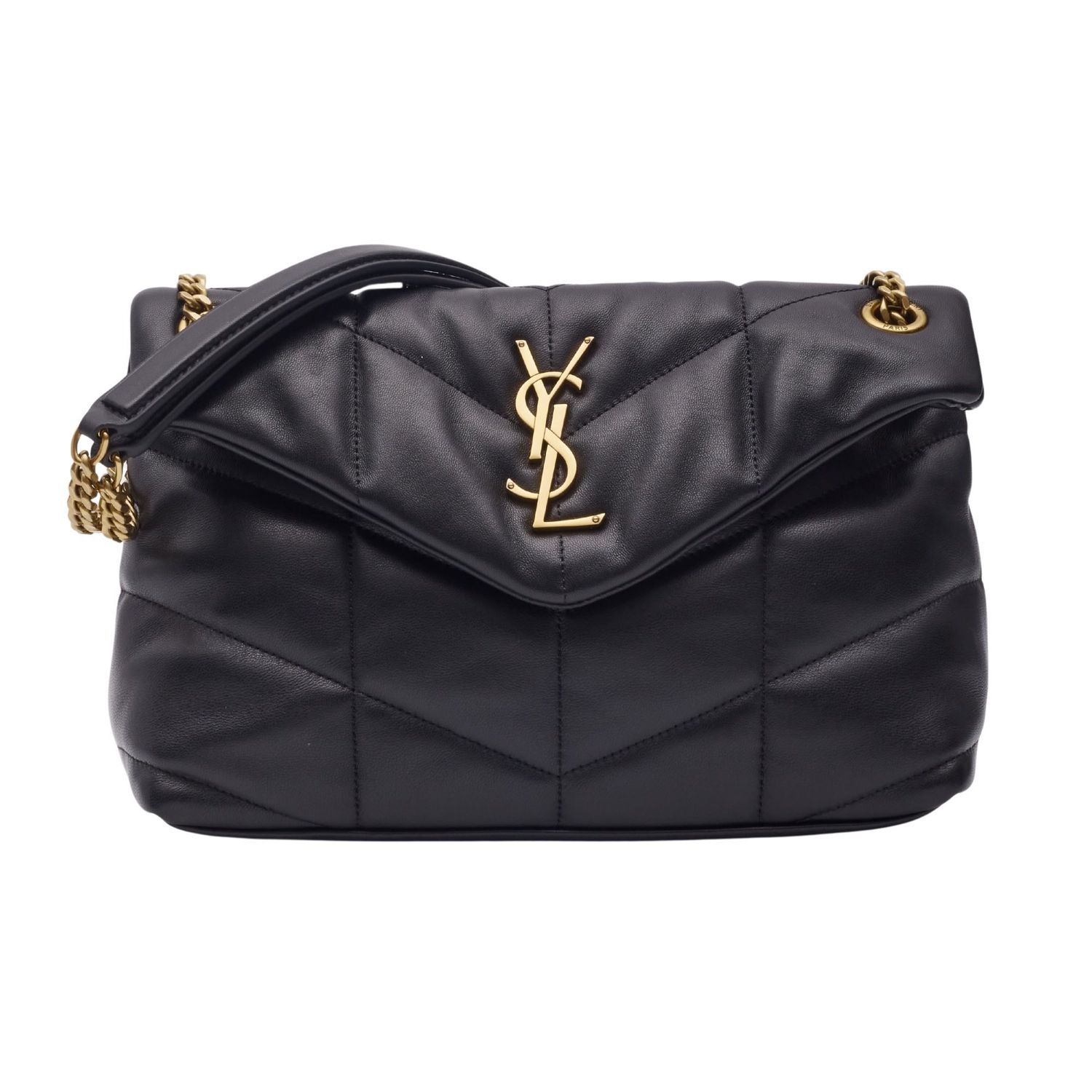 SAINT LAURENT BLACK LEATHER LOULOU PUFFER SHOULDER BAG SMALL