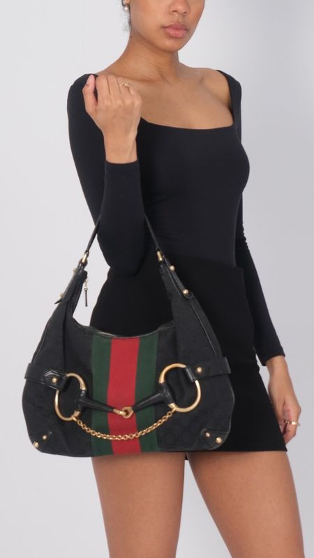 GUCCI BLACK MONOGRAM HORSEBIT WEB HOBO SHOULDER BAG LARGE