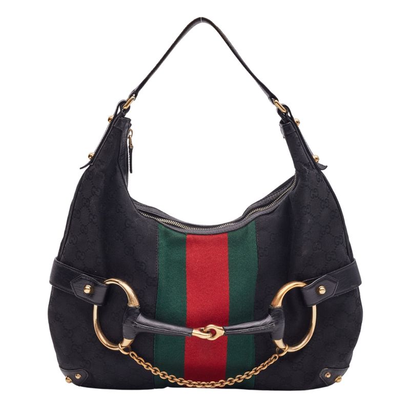 GUCCI BLACK MONOGRAM HORSEBIT WEB HOBO SHOULDER BAG LARGE