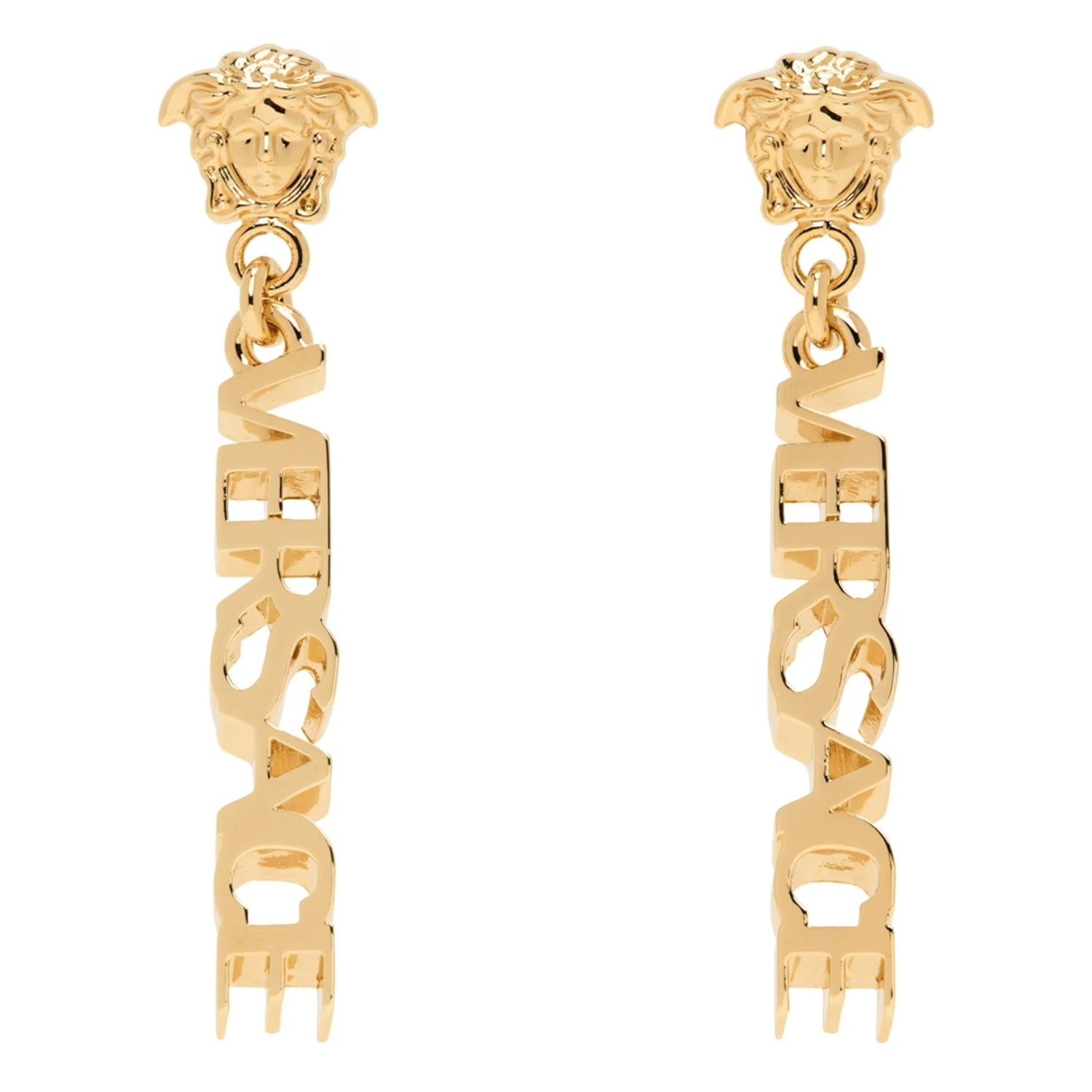 VERSACE GOLD LA MEDUSA LOGO DROP EARRINGS