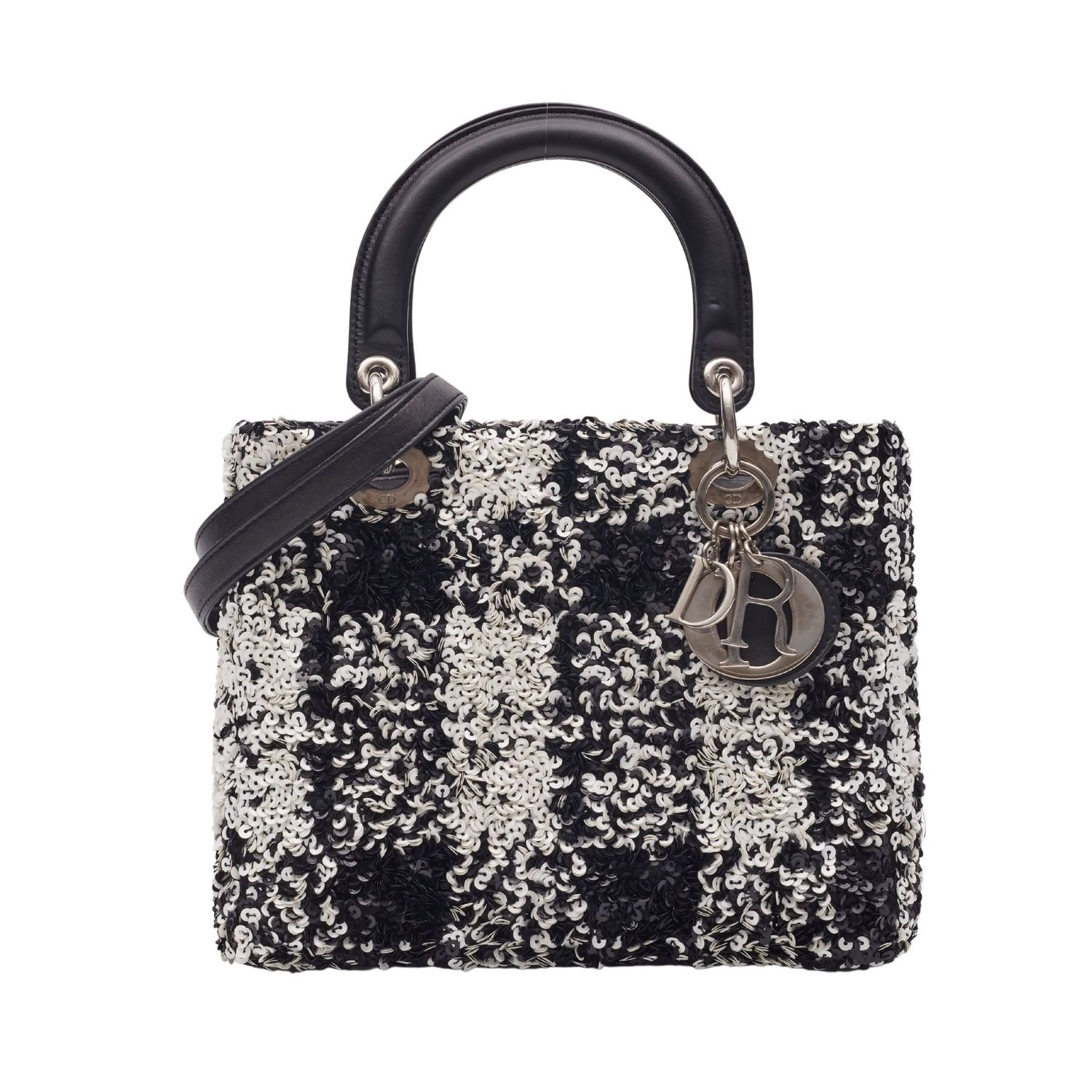 DIOR LAMBSKIN BLACK WHITE SEQUIN EMBELLISHED LADY DIOR HANDBAG MEDIUM
