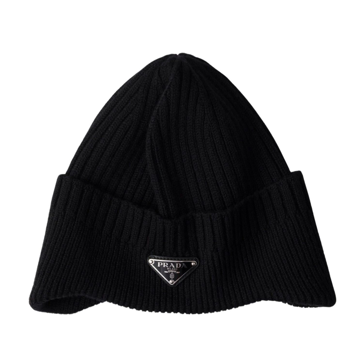 PRADA BLACK RIBBED WOOL BEANIE HAT LARGE RIM