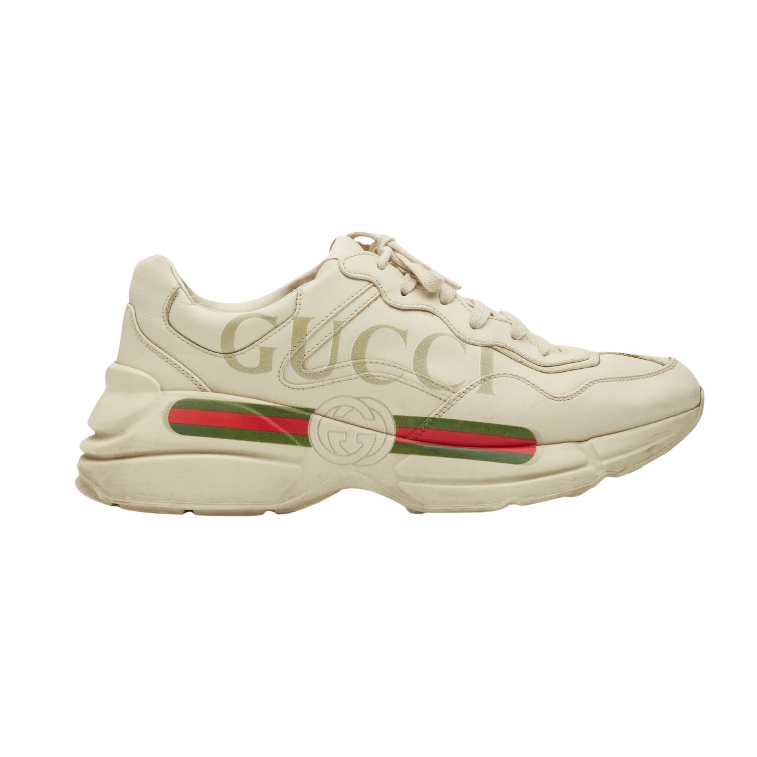 GUCCI IVORY LEATHER RHYTON WEB SNEAKERS (US 9)