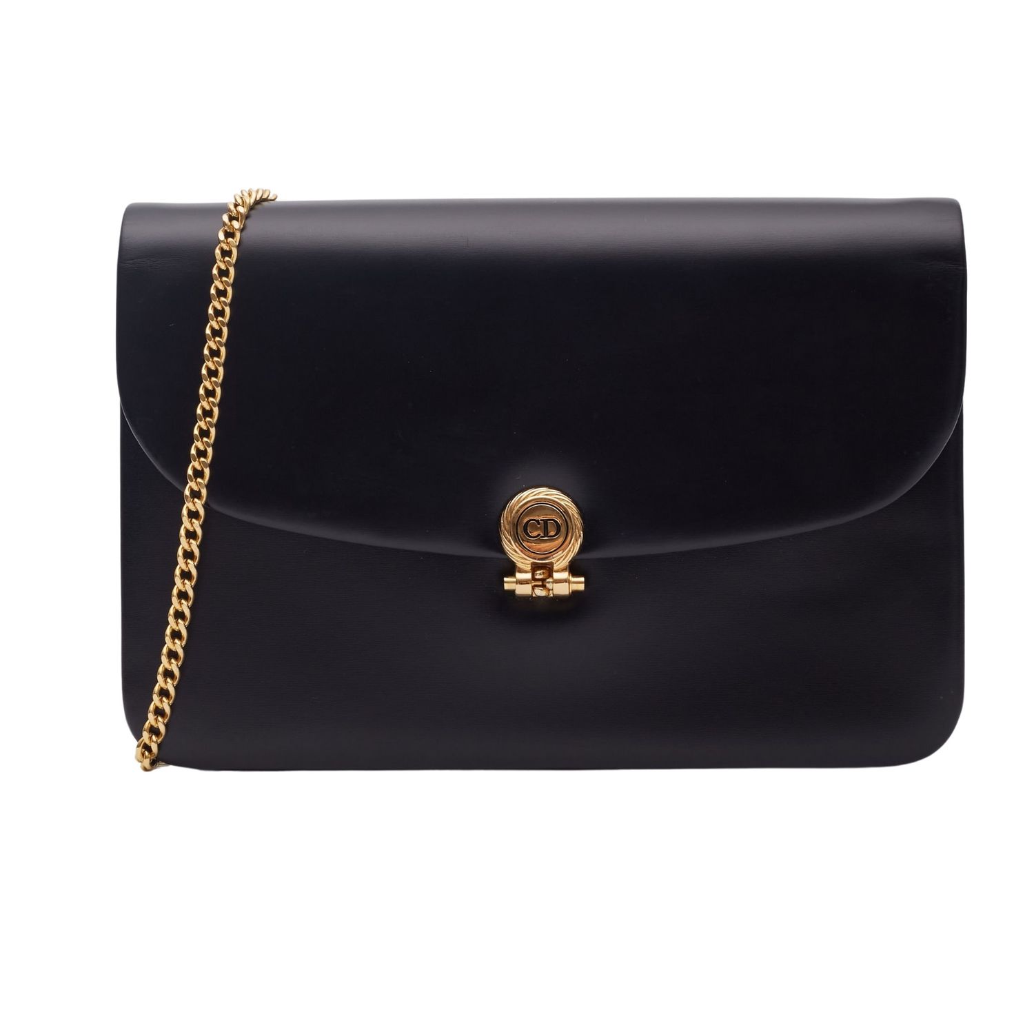 DIOR BLACK SMOOTH LEATHER CHAIN FLAP SHOULDER BAG