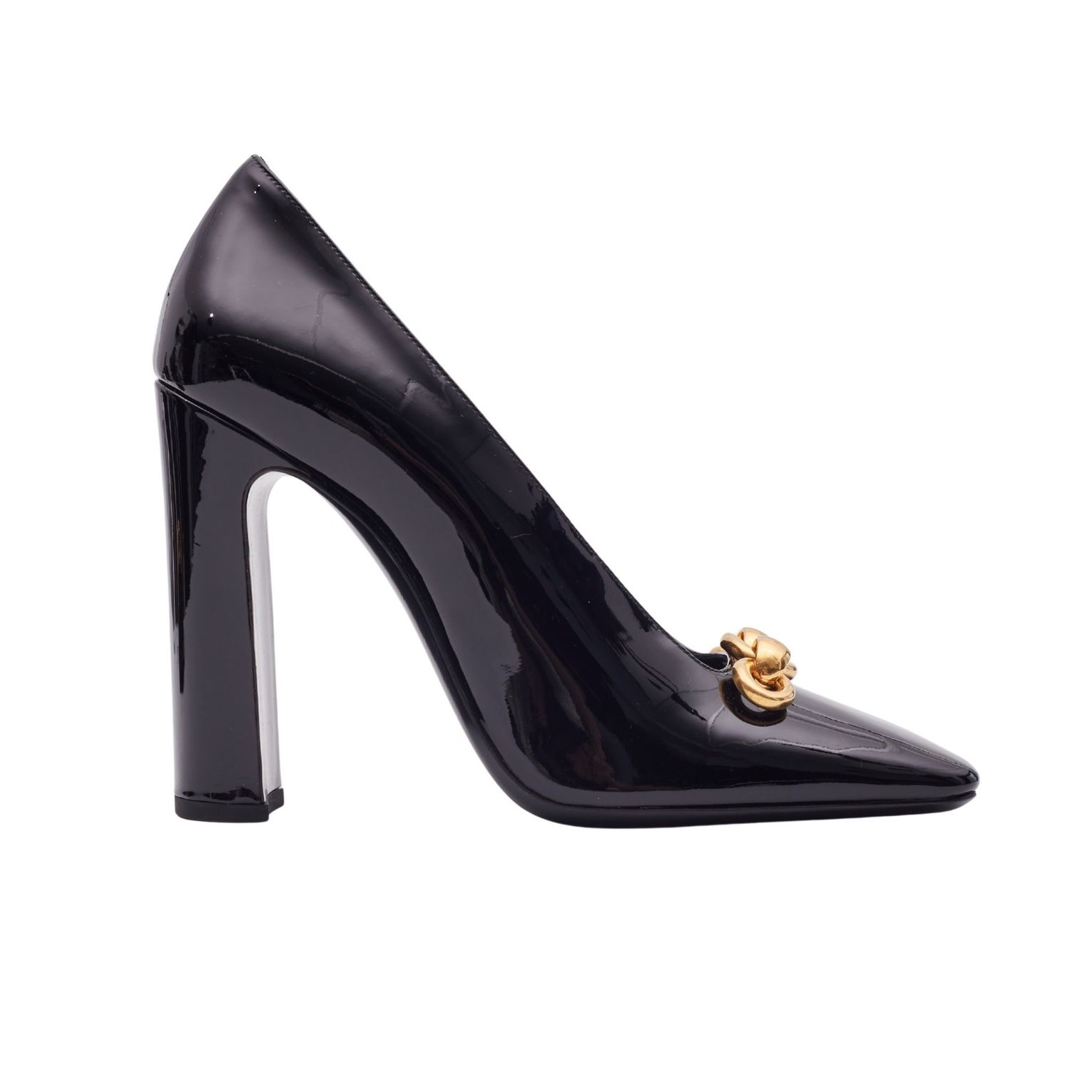 SAINT LAURENT BLACK PATENT SWING CHAIN-LINK BLOCK HEELS (EU 40)