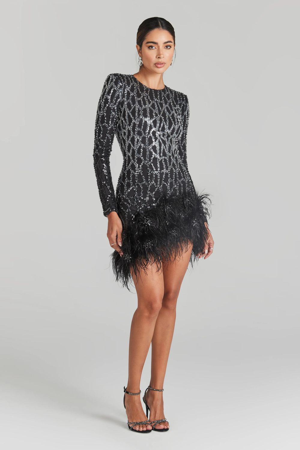 NADINE MERABI L/S SEQUIN / OSTRICH EMB COCKTAIL DRESS (S) BLACK