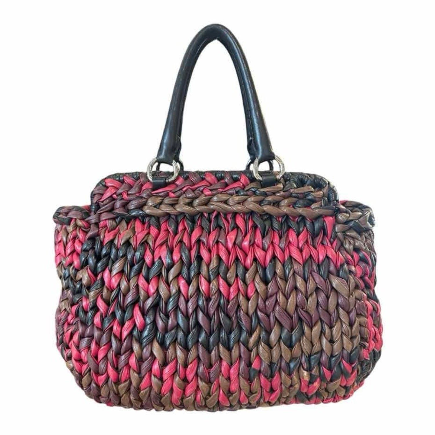 PRADA NAPPA LEATHER KNIT WOVEN SHOPPING BAG
