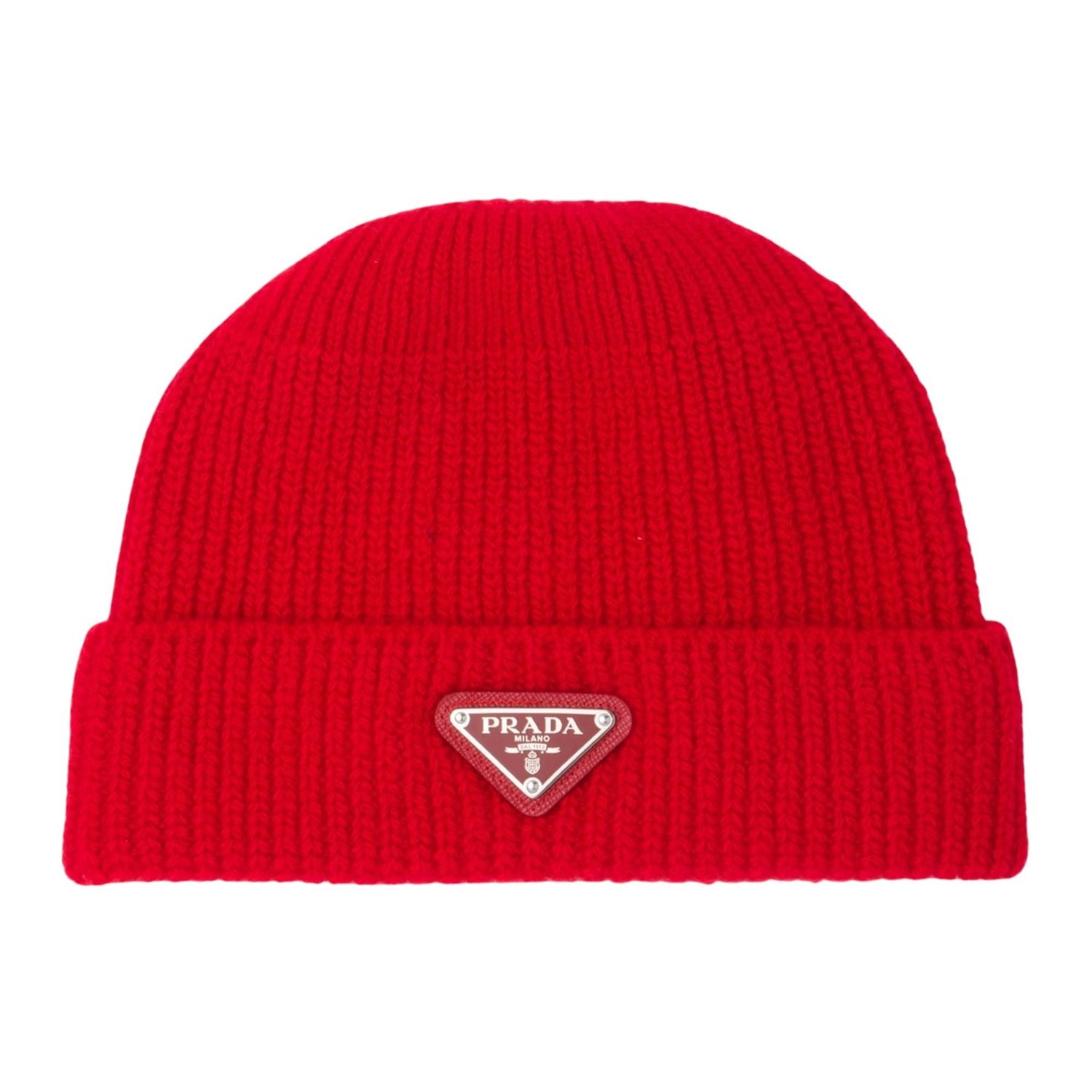 PRADA RED RIBBED WOOL BEANIE HAT