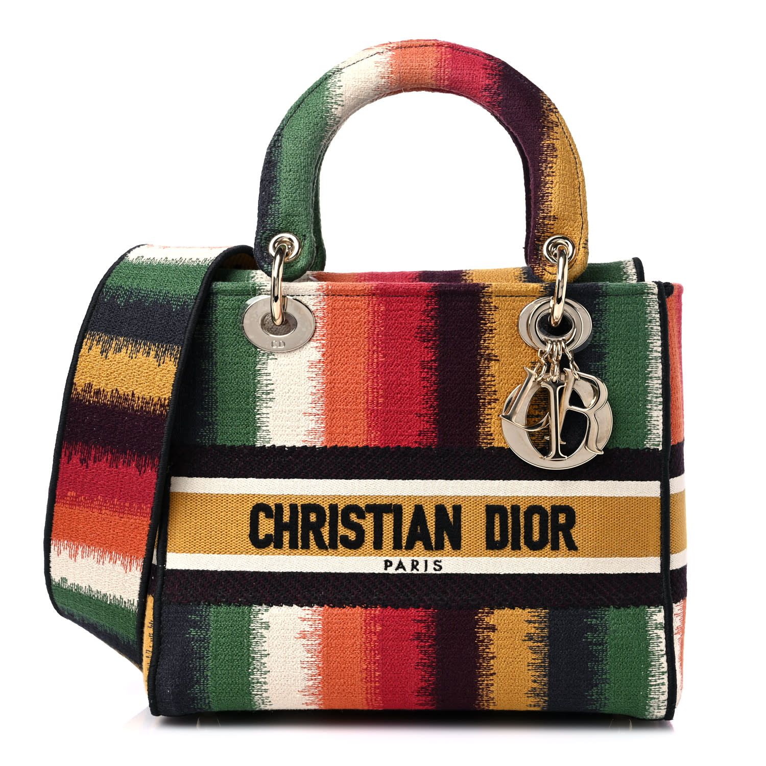 DIOR TWEED MULTICOLOR STRIPED LADY D-LITE HANDBAG MEDIUM