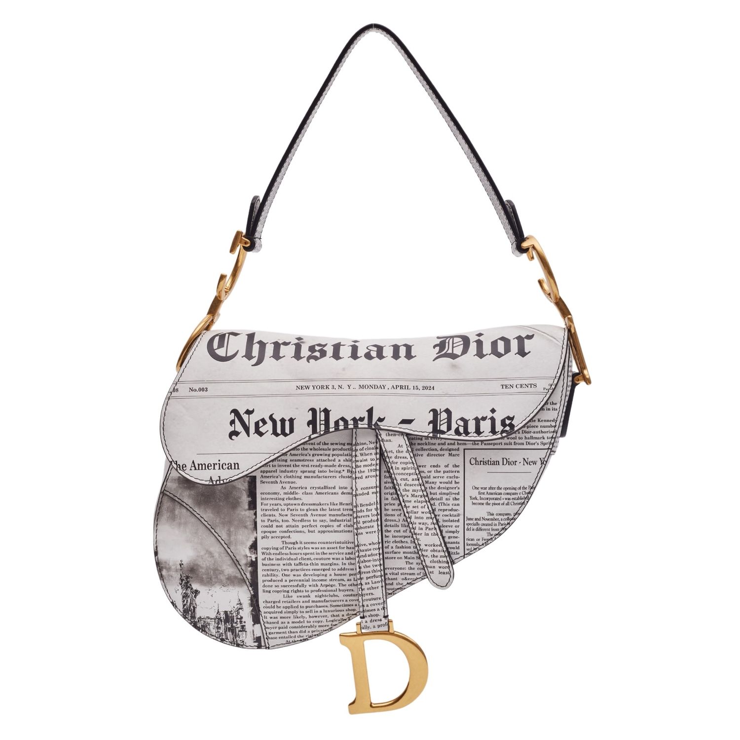 DIOR WHITE AND BLACK CALFSKIN NEWSPAPER PRINT SADDLE BAG