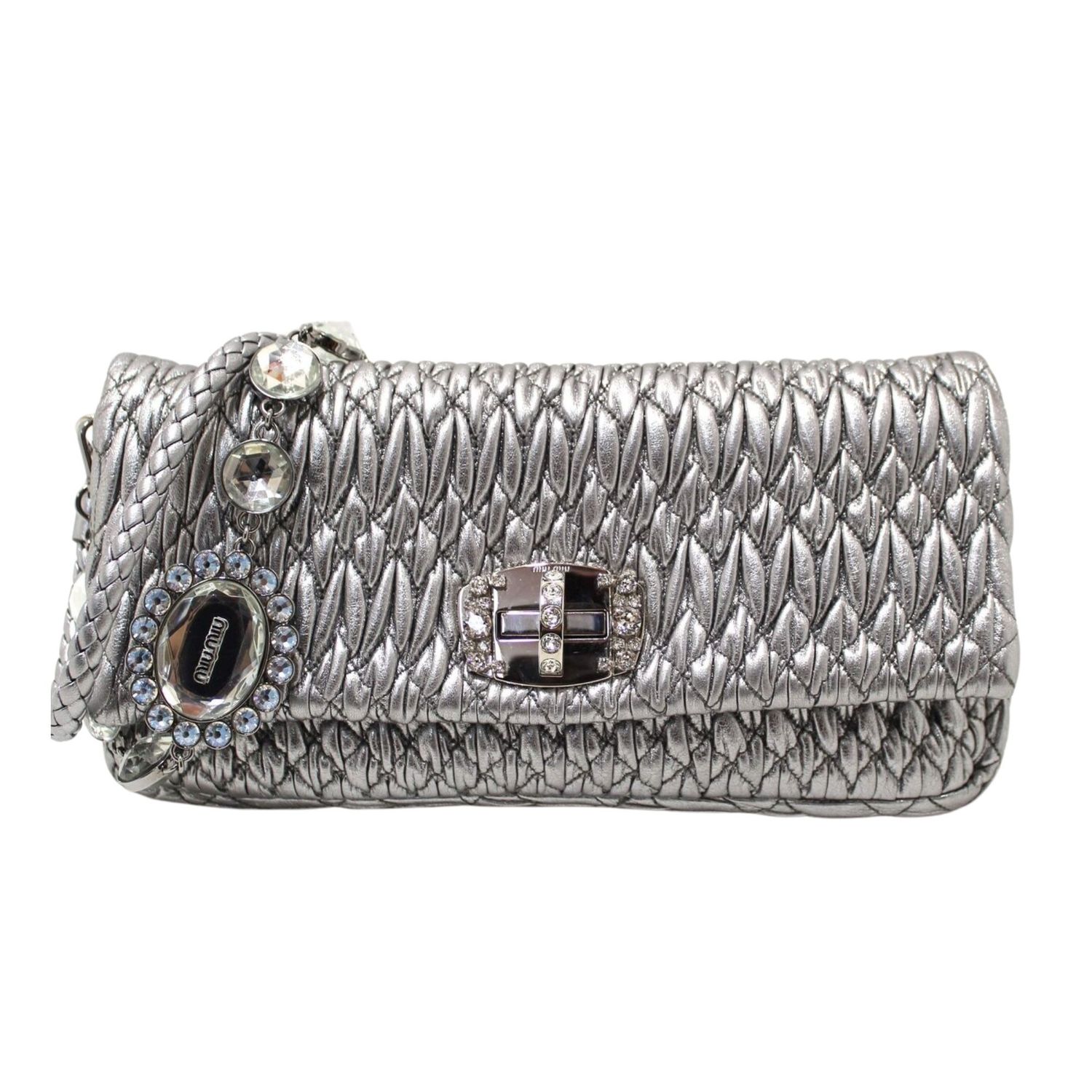 MIU MIU SILVER CLOQUÉ NAPPA LEATHER EVENING BAG