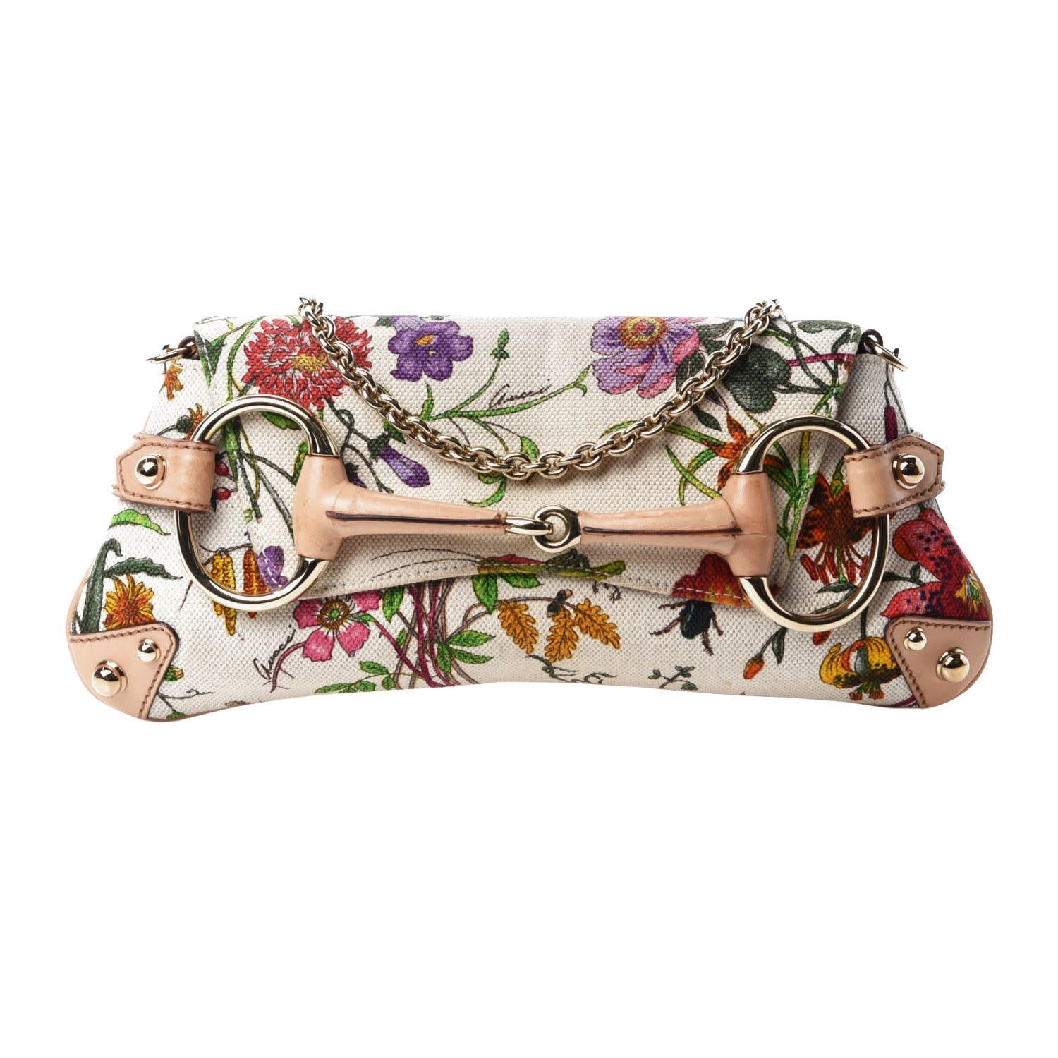 GUCCI TOM FORD BEADED CANVAS FLORA FLORAL HORSEBIT BAG
