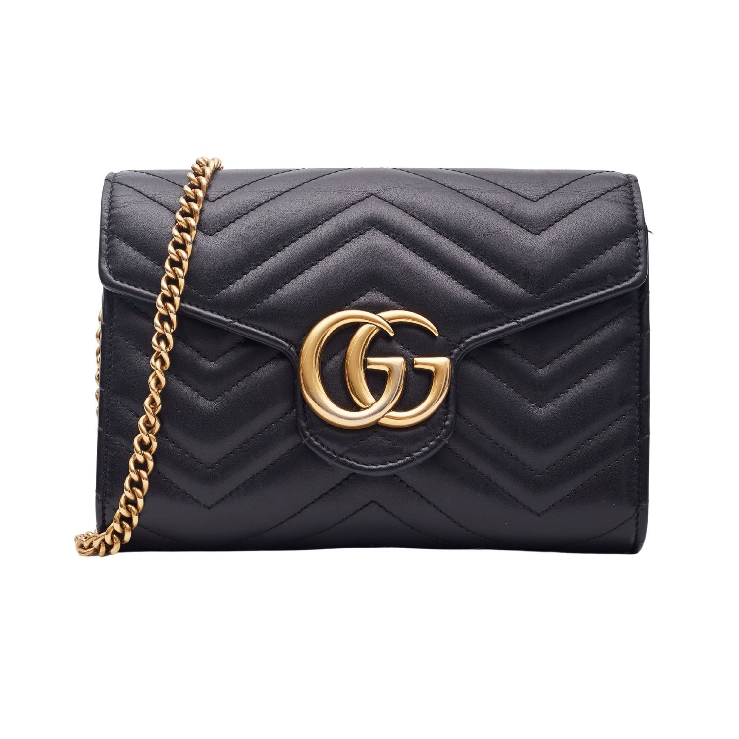 GUCCI CALFSKIN MATELASSE GG MARMONT CHAIN WALLET BLACK