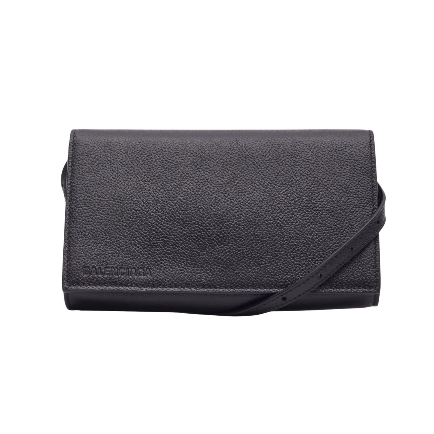 BALENCIAGA GRAINED CALFSKIN BLACK WALLET PHONE HOLDER BAG
