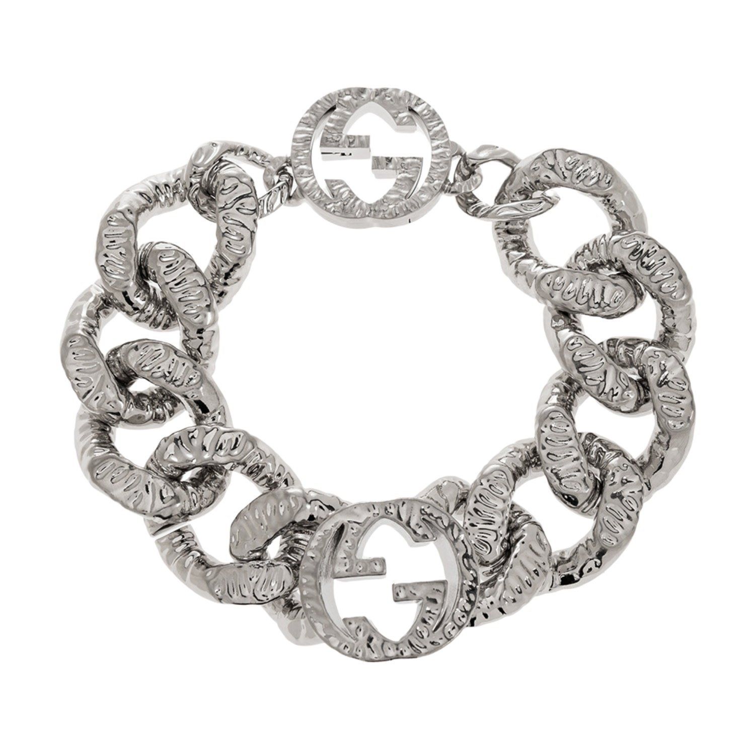 GUCCI SILVER TEXTURED CURB CHAIN INTERLOCKING GG CHOKER
