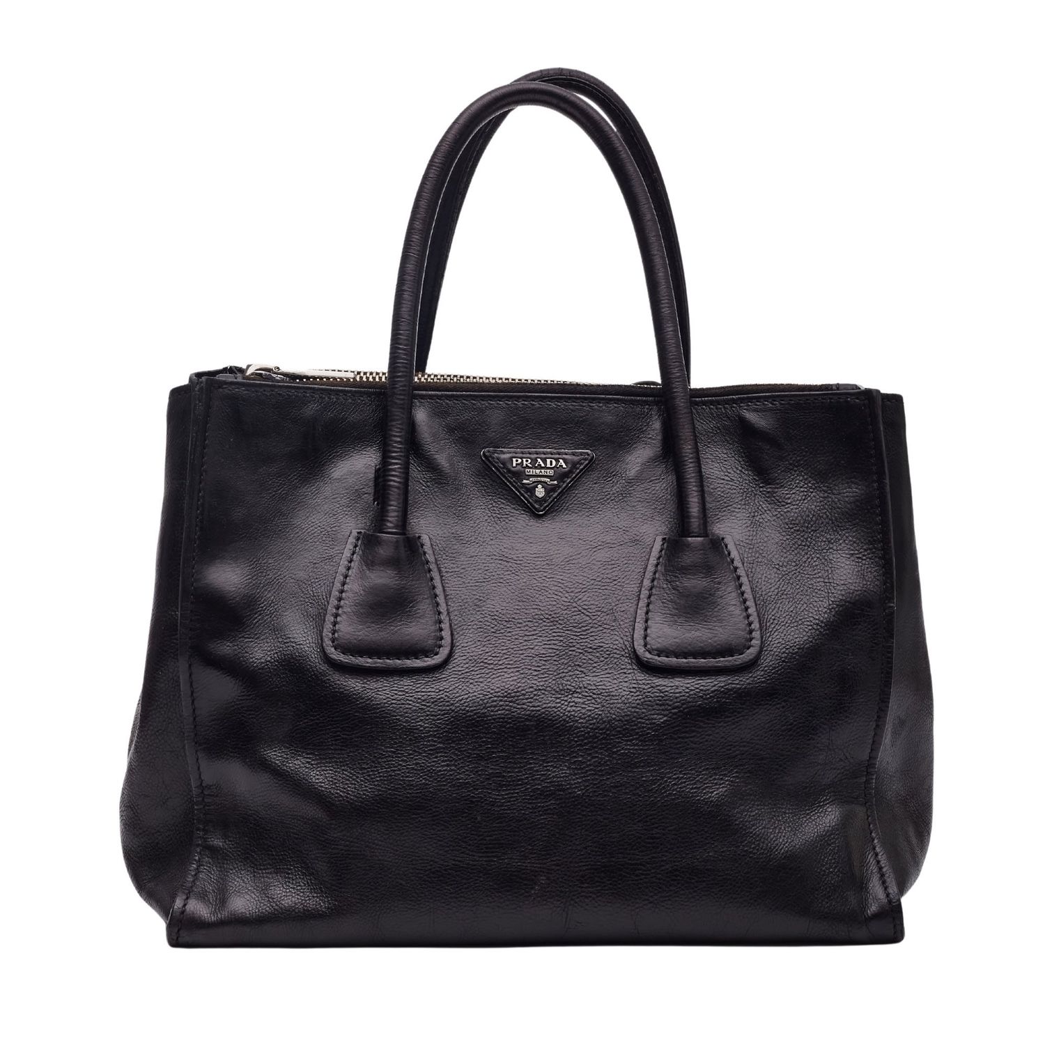 PRADA BLACK LEATHER GLACE CALF TWIN POCKET TOTE