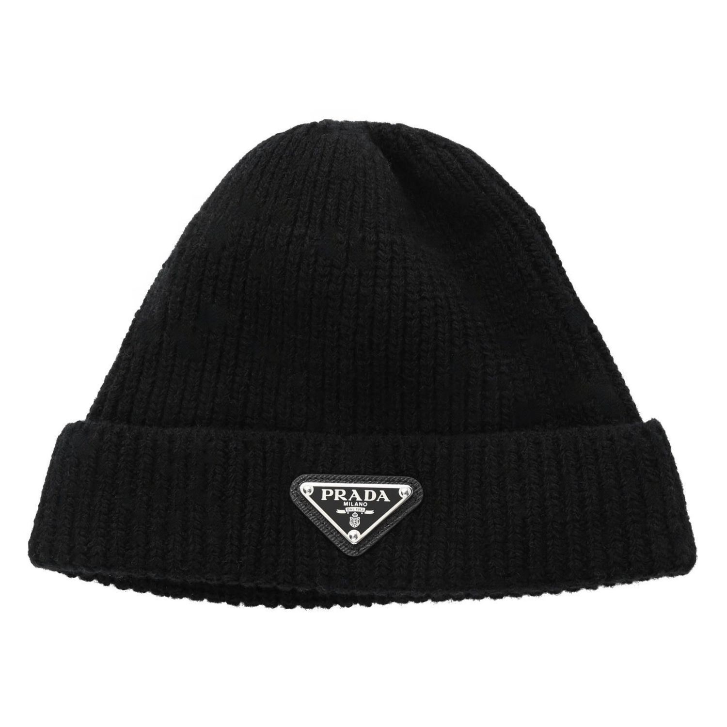 PRADA BLACK RIBBED WOOL BEANIE HAT