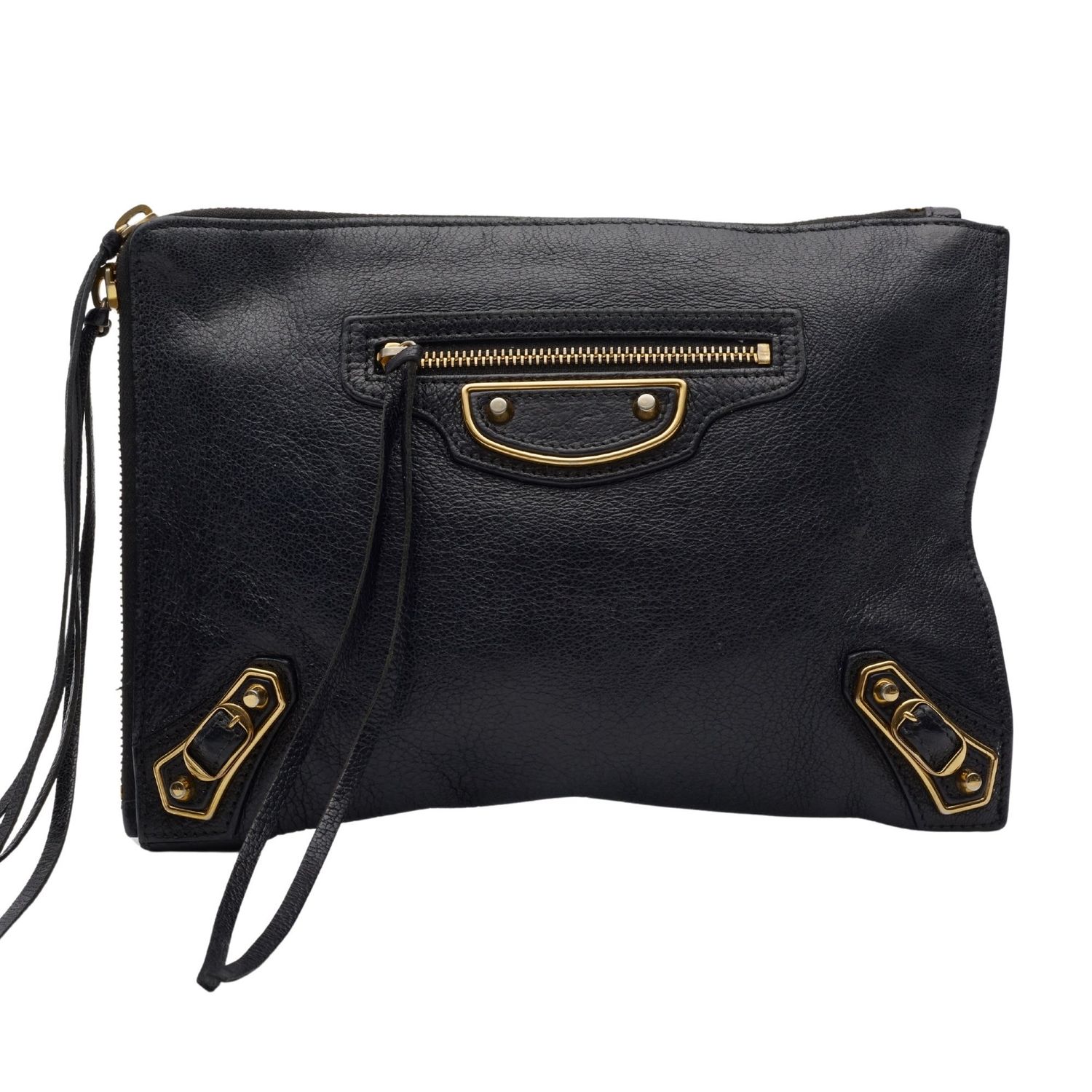 BALENCIAGA BLACK GRAINED CHEVRE LEATHER CLUTCH BAG