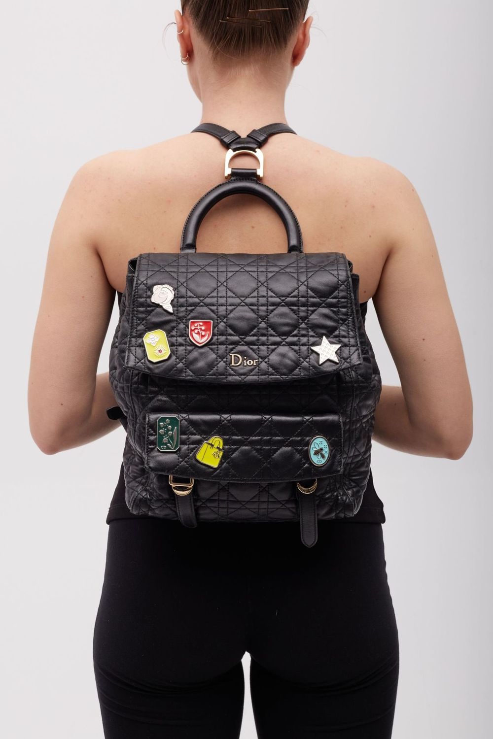 DIOR BLACK LAMBSKIN CANNAGE LUCKY BADGE STARDUST BACKPACK SMALL display picture 1