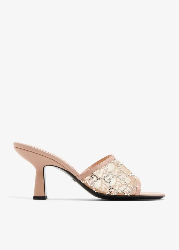 GUCCI GG CRYSTAL EMBELLISHED MESH SANDAL HEELS NUDE - SIZE 39