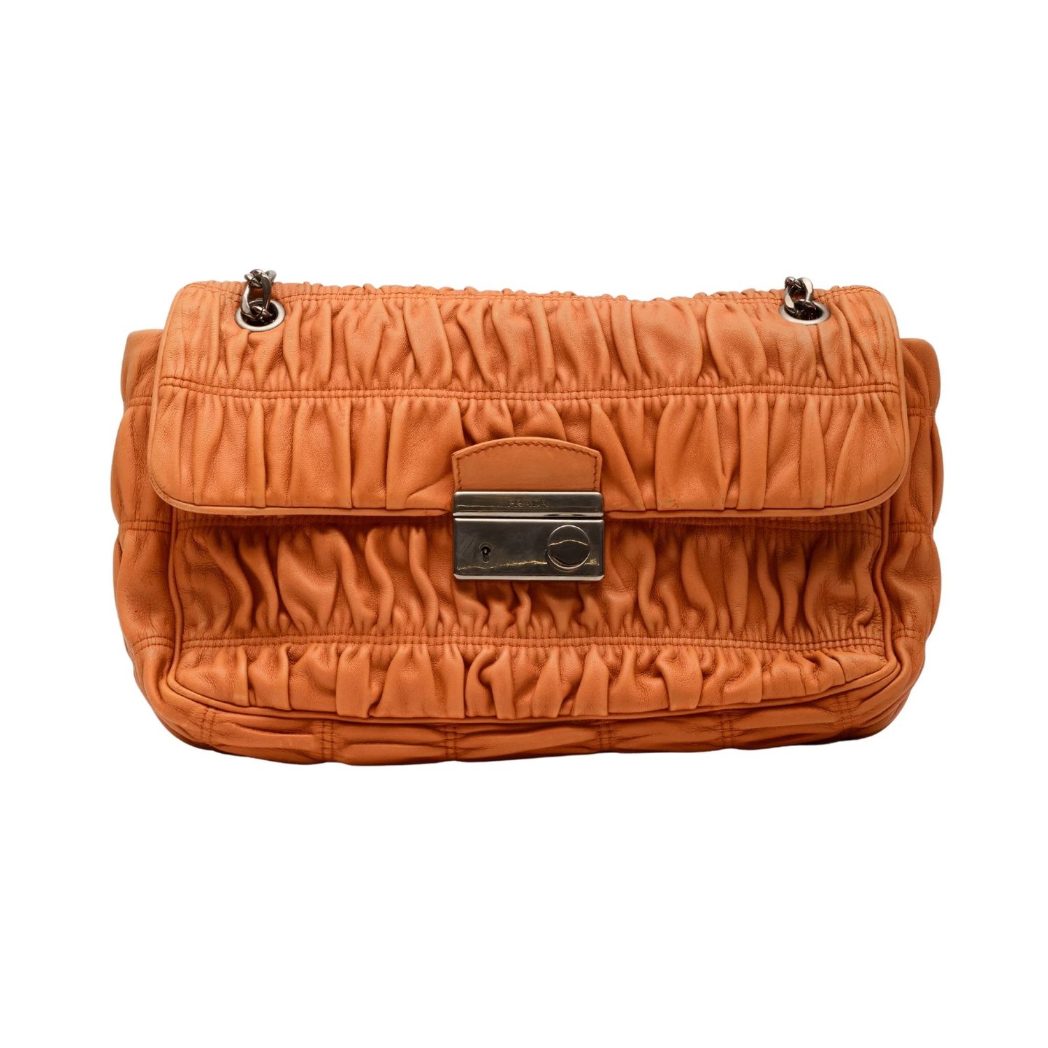 PRADA NAPPA GAUFRE LEATHER ORANGE SOUND CHAIN SHOULDER BAG