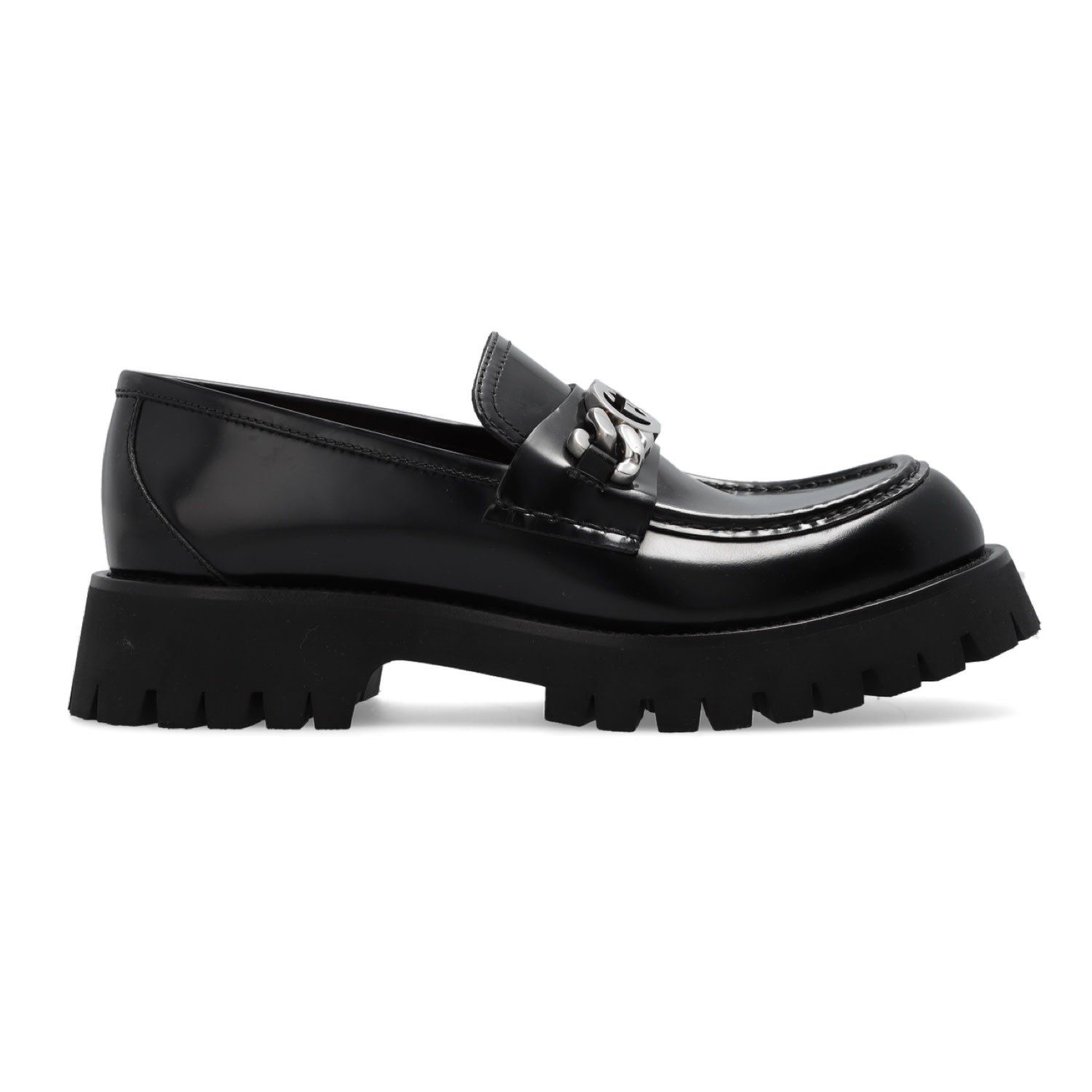 GUCCI BLACK LEATHER CURB CHAIN DETAIL LOAFERS (US 10.5)