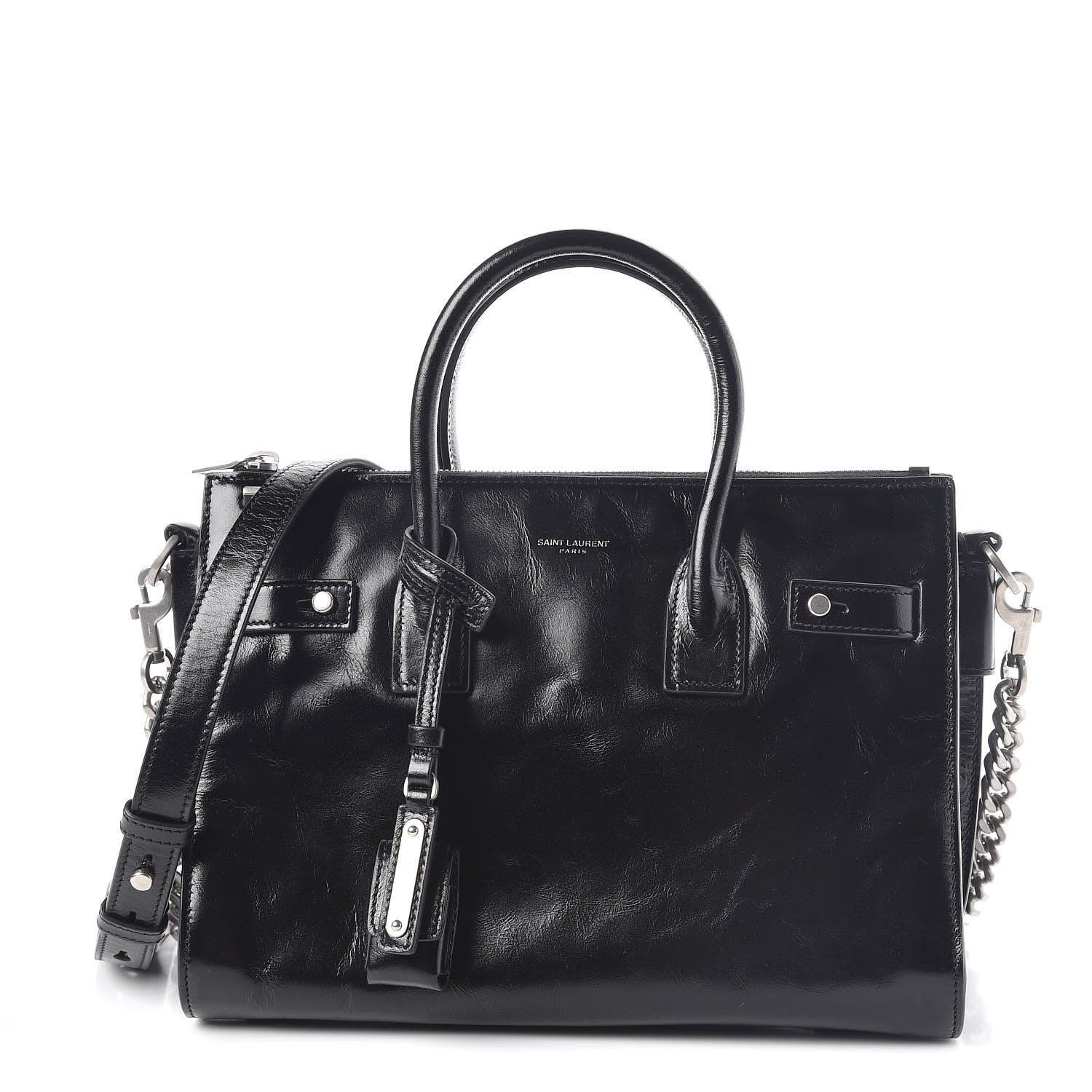 SAINT LAURENT GLAZED CALFSKIN BLACK SAC DE JOUR TOTE BAG BABY