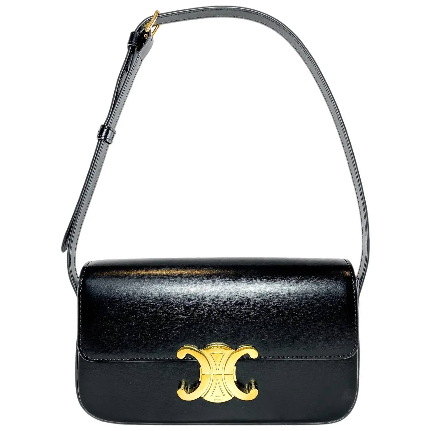 CELINE SHINY BLACK CALFSKIN TRIOMPHE SHOULDER BAG
