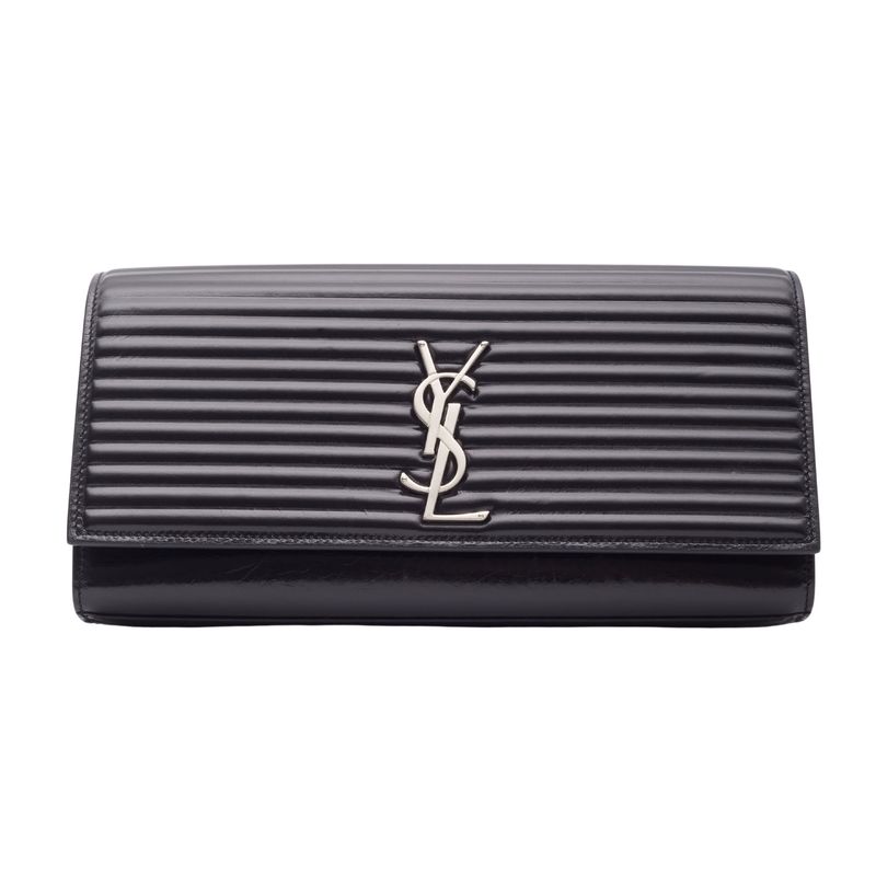 SAINT LAURENT RIBBED CALFSKIN OPIUM MONOGRAM CLUTCH BLACK