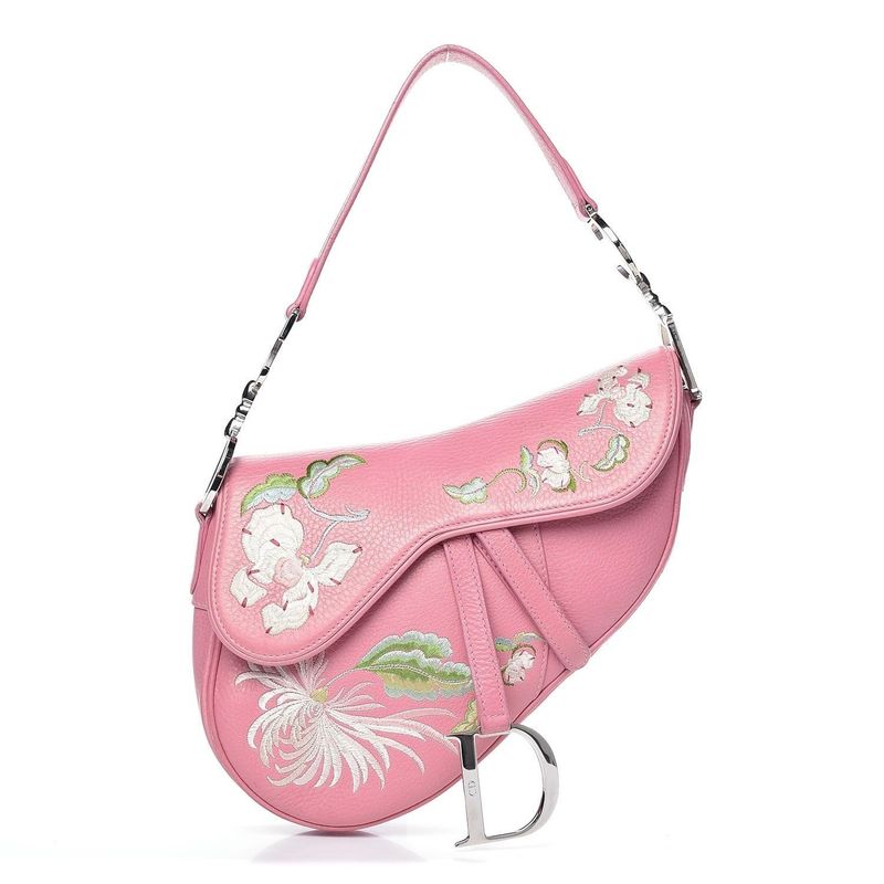 CHRISTIAN DIOR PINK CALFSKIN EMBROIDERED FLORAL ROMANTIC SADDLE BAG