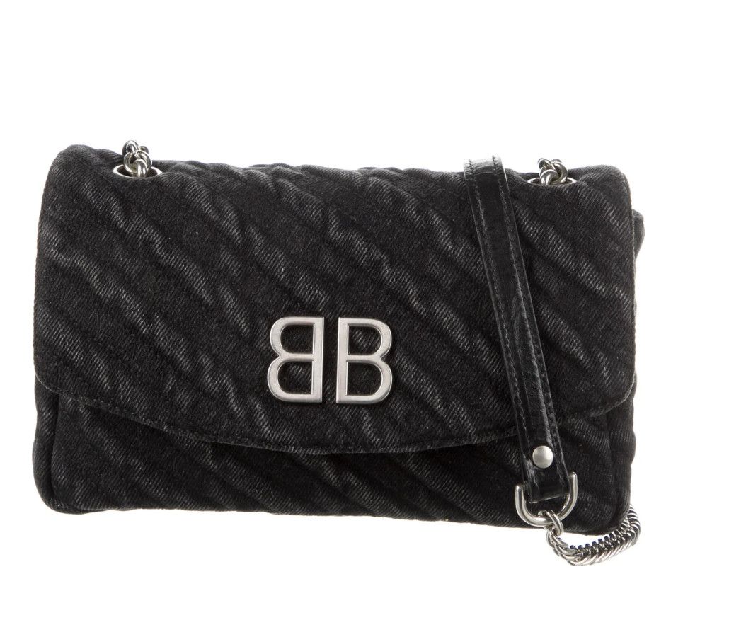 BALENCIAGA DESTROYED DENIM BB CHAIN SHOULDER BAG