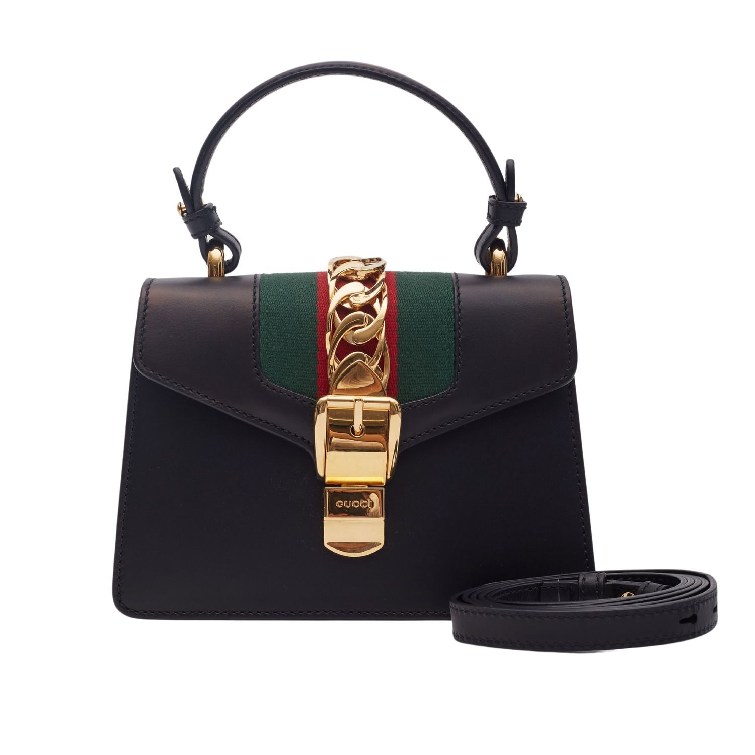 GUCCI CALFSKIN BLACK WEB MINI SYLVIE TOP HANDLE BAG