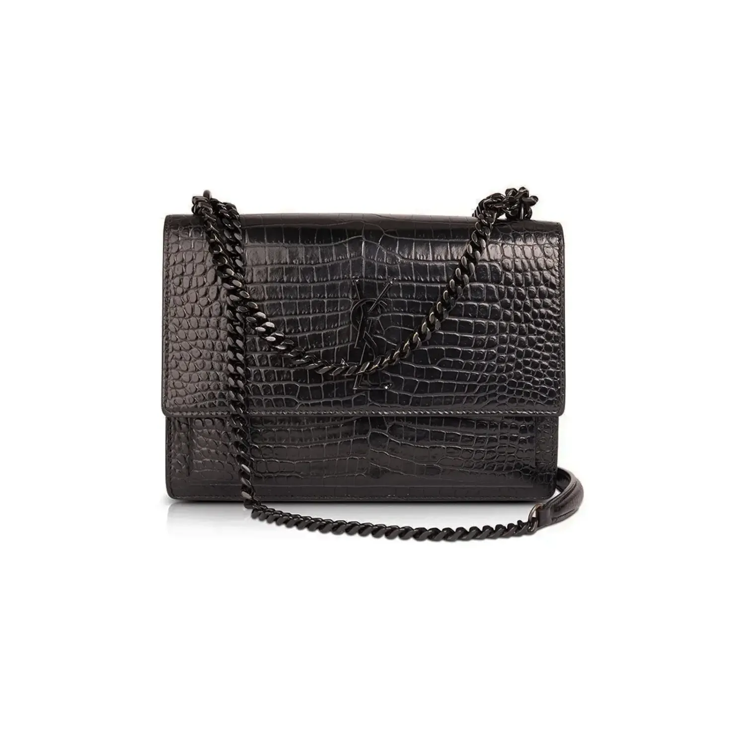 SAINT LAURENT BLACK MONOCHROME CROC LEATHER SUNSET BAG MEDIUM LEATHER