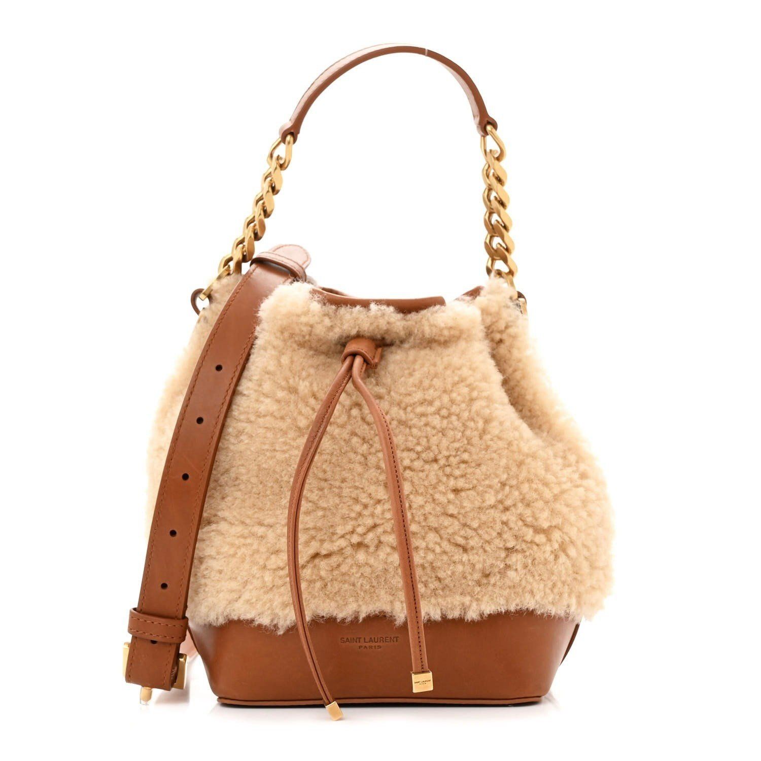 SAINT LAURENT BEIGE LAMBSKIN SHEARLING EMMANUELLE BUCKET BAG