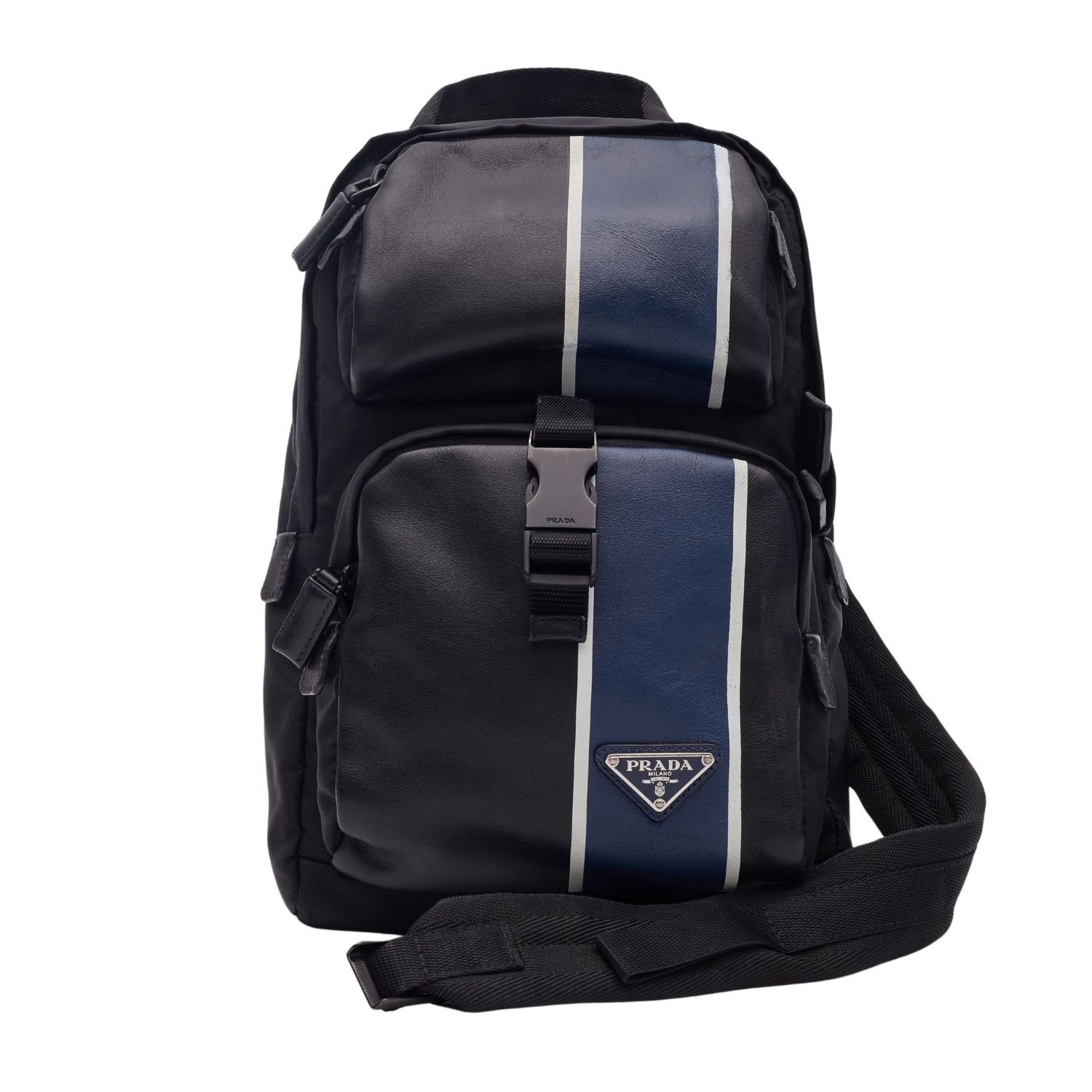 PRADA LEATHER &amp; TESSUTO NYLON BLACK BLUE SLING BACKPACK