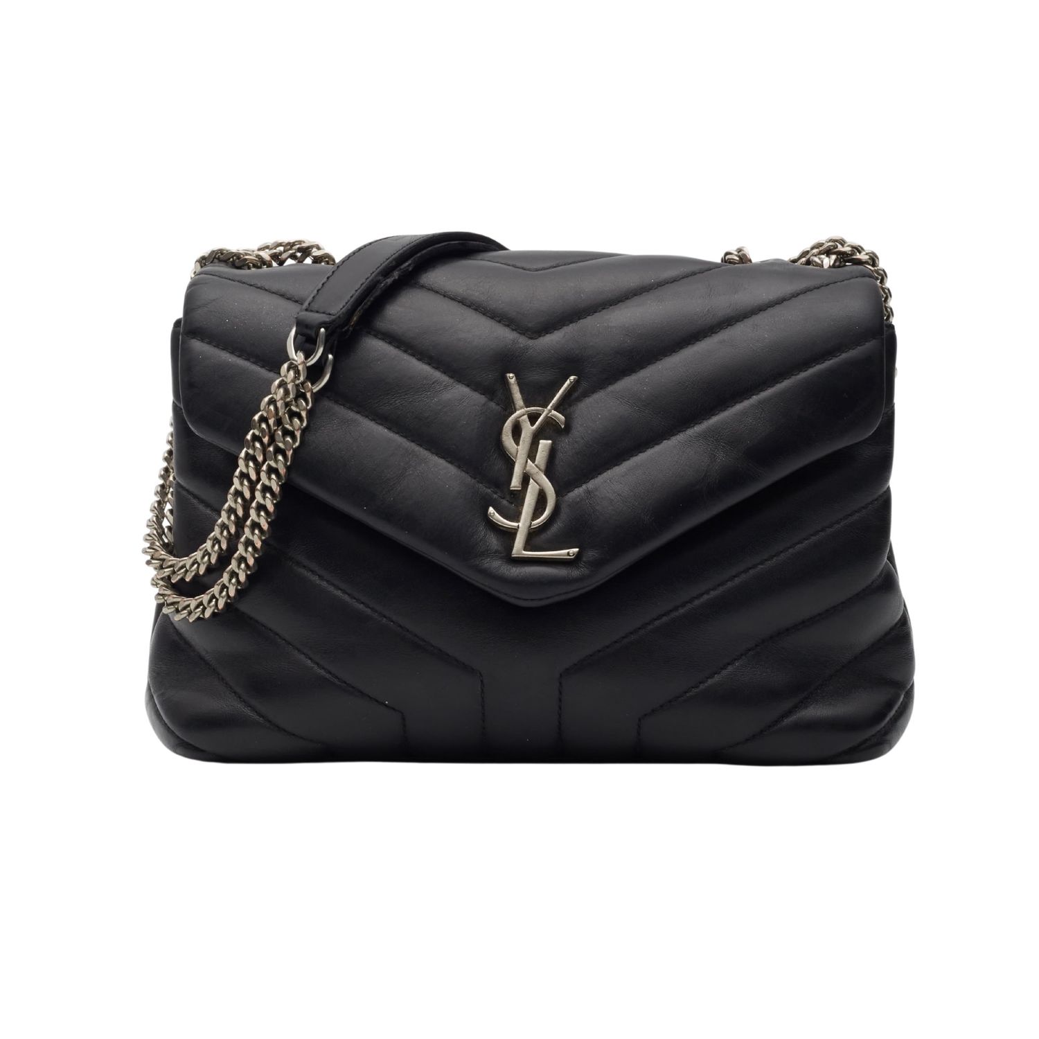SAINT LAURENT CALFSKIN BLACK LOULOU BAG SMALL SILVER 