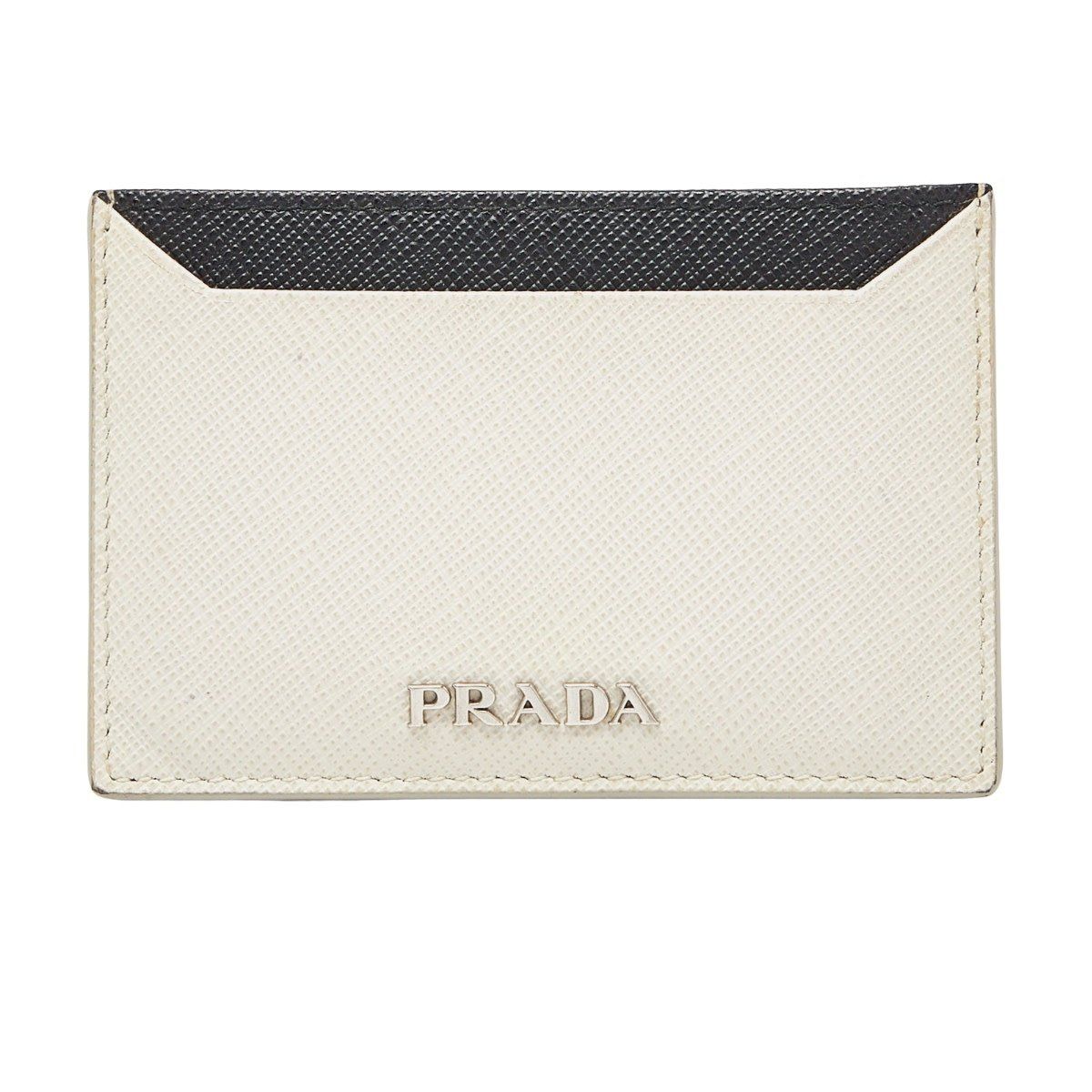 PRADA OFF WHITE &amp; BLACK SAFFIANO LEATHER CARD HOLDER