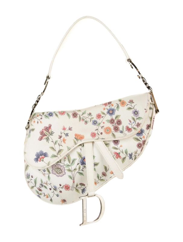 CHRISTIAN DIOR WHITE CANVAS FLORAL PRINT MINI SADDLE BAG