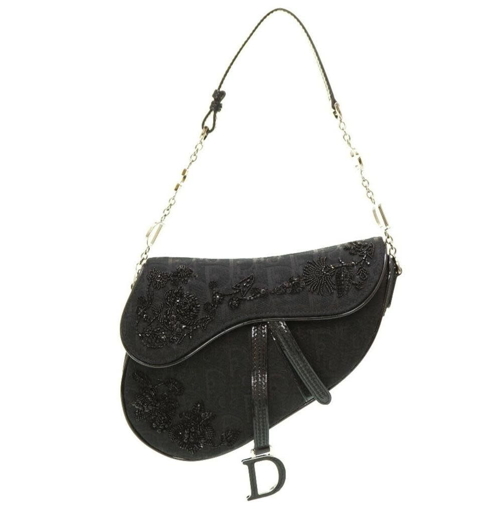 CHRISTIAN DIOR GALLIANO BLACK NYLON FLORAL BEADED SADDLE BAG MINI
