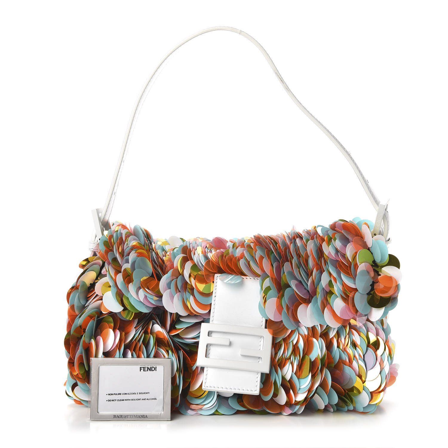 FENDI SEQUIN MAXI MULTICOLOURED PAILLETTES BAGUETTE WHITE