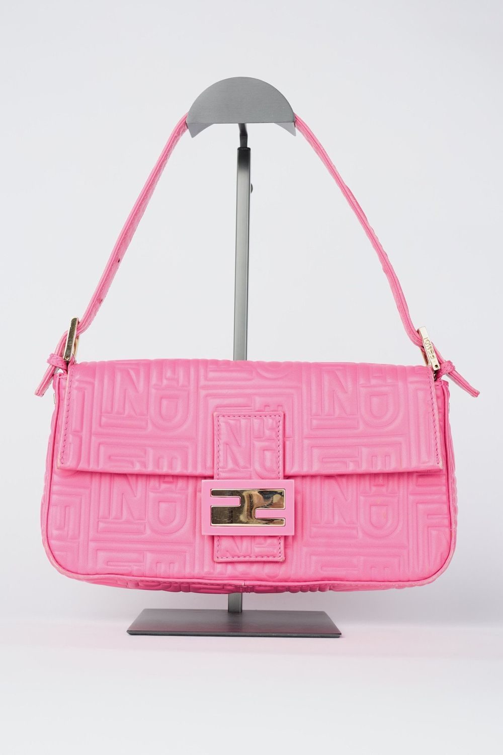 FENDI PINK LOGO EMBOSSED NAPPA LEATHER BAGUETTE BAG